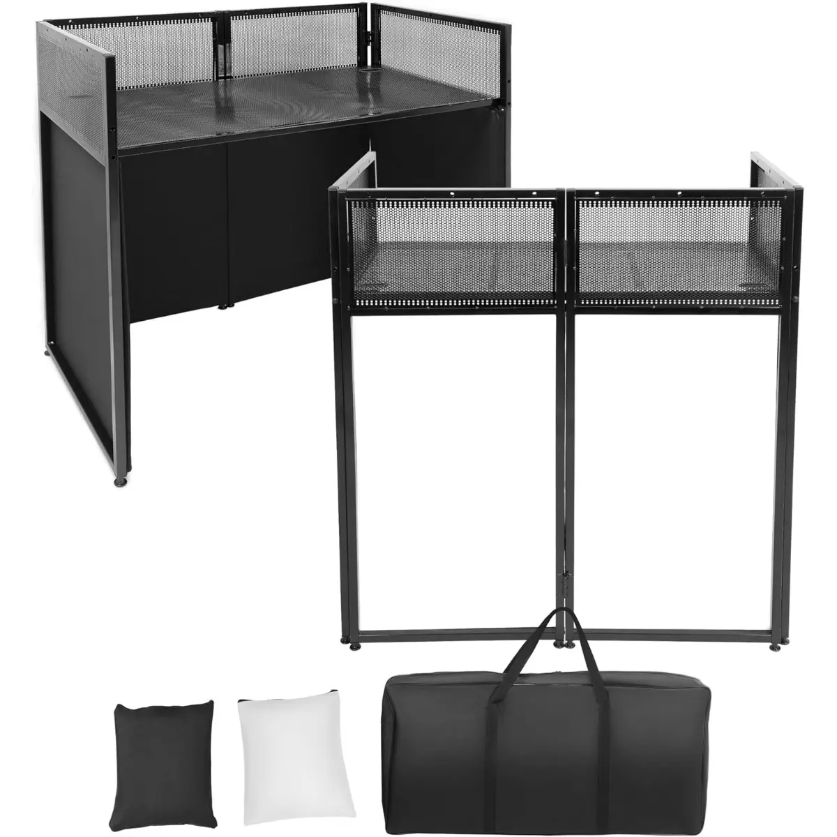 Portable DJ Booth Facade – Foldable DJ Table with Black & White Scrims, Carry Bag & Sturdy Metal Frame for Events