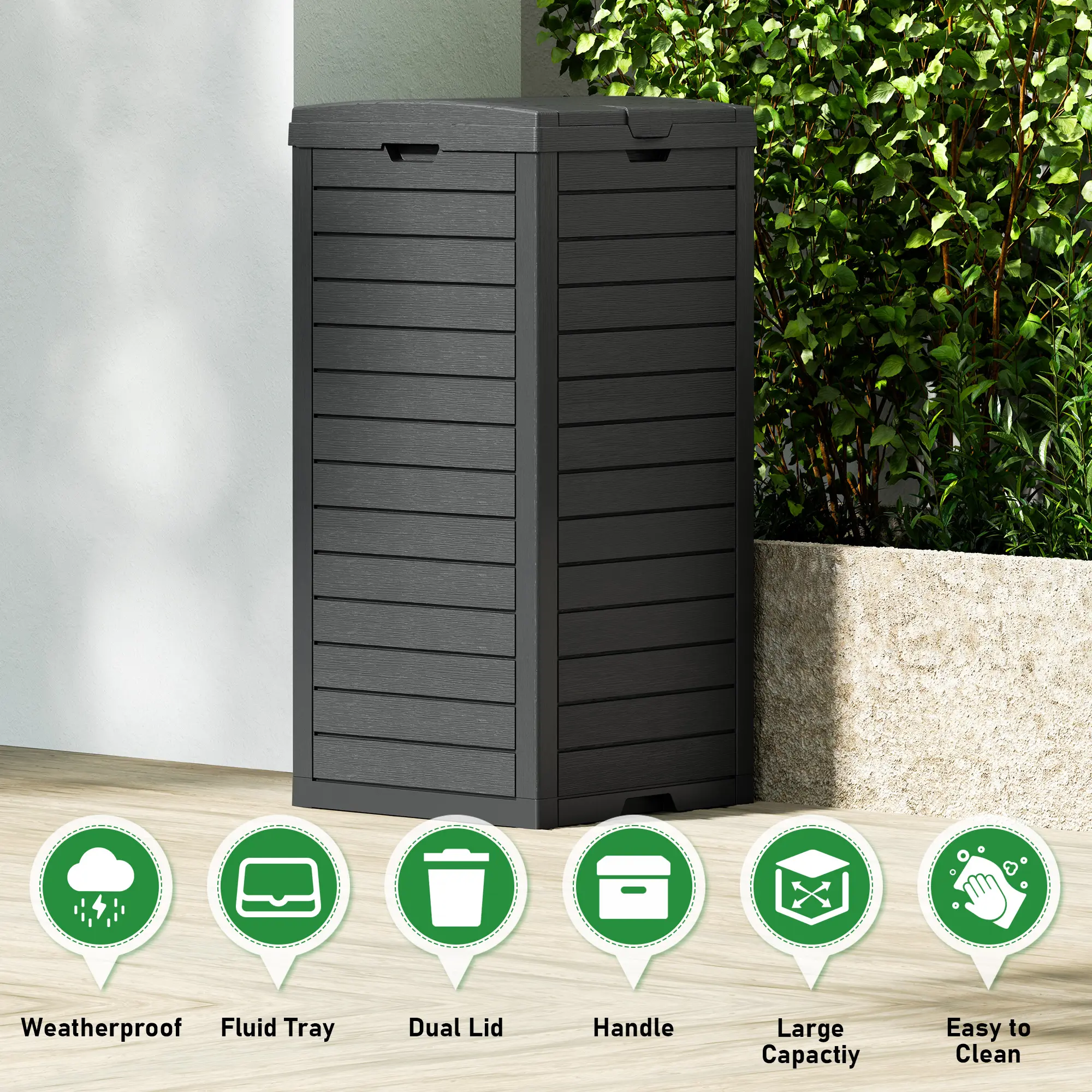 31-Gallon Outdoor Trash Can – Concealed Resin Waste Bin with Lid & Drip Tray for Clean Indoor/Outdoor Use