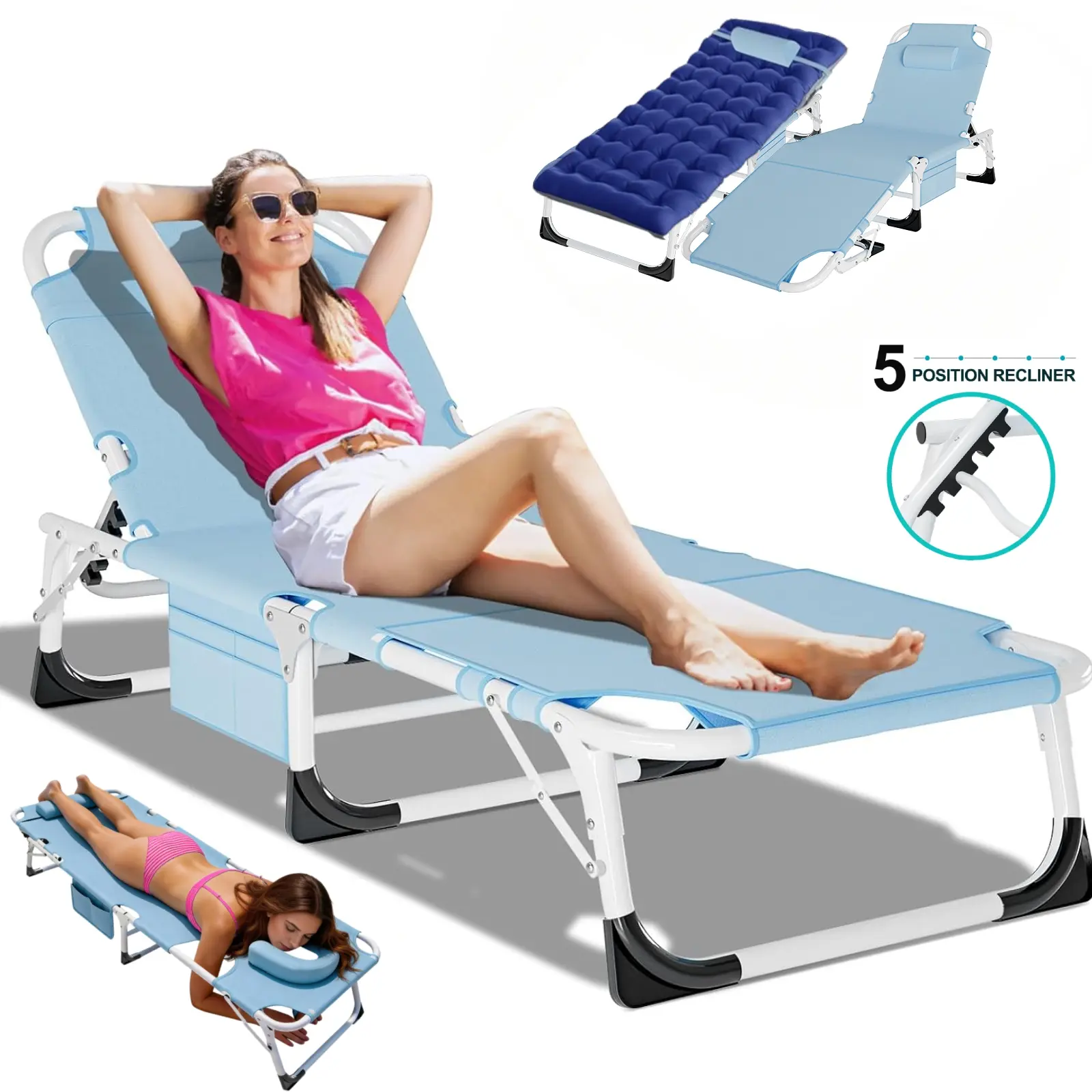 3-in-1 Sun Tanning Chair – Adjustable Folding Lounge Chair with Mat for Beach, Patio, Pool & Outdoor Relaxation