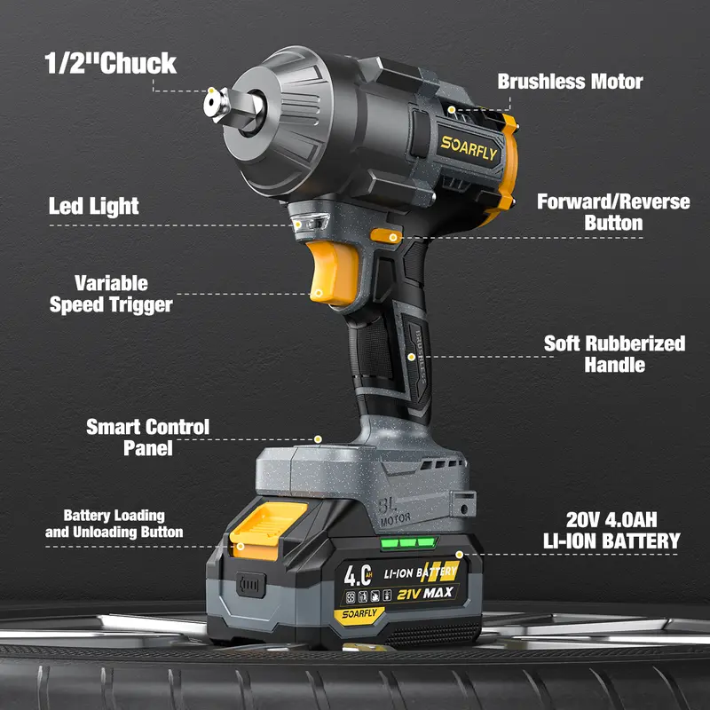 1000NM Impact Wrench, 2x 4.0Ah Batteries, Fast Charger, 6 Screwdriver Bit, 8 Drill Bit, 6 Sockets, For Car, Trucks