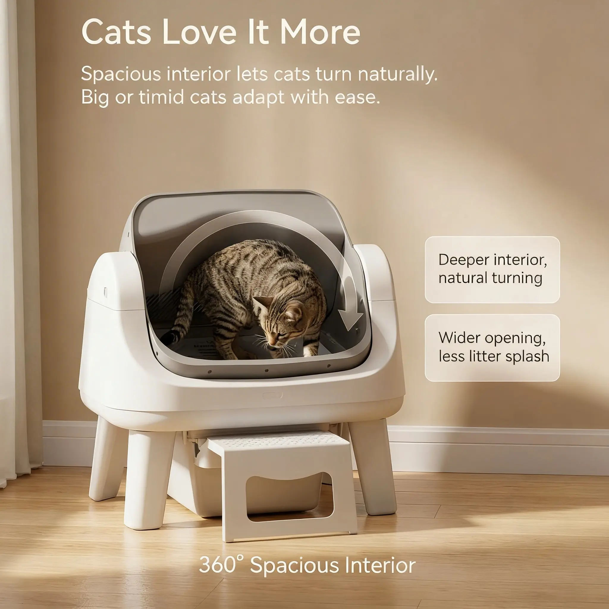 Open Top Self Cleaning Cat Litter Box, Automatic Litter Box with 7 Pairs of Safety Sensors, Anti-Pinch Protection, Easy Access Step for Senior Cats