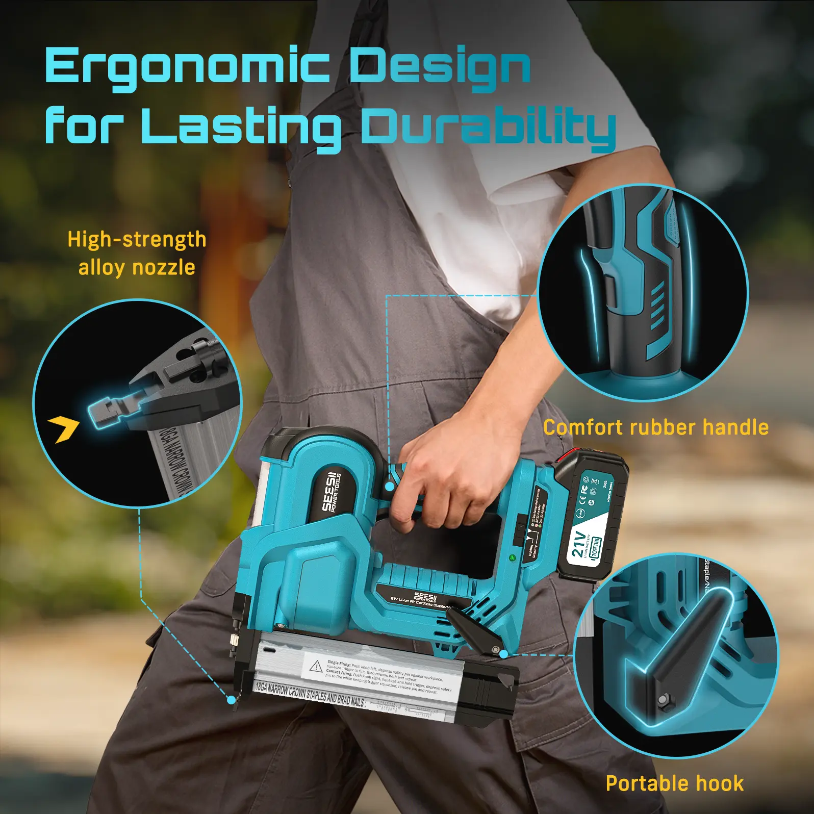 Cordless 2-in-1 Brad Nailer/Staple Gun (18GA) – 21V Electric Pneumatic Nail Gun w/ 2x4.0Ah Battery & Charger, 1000Pcs Nails, Adjustable Depth | Single/Contact Firing for Upholstery, Woodworking