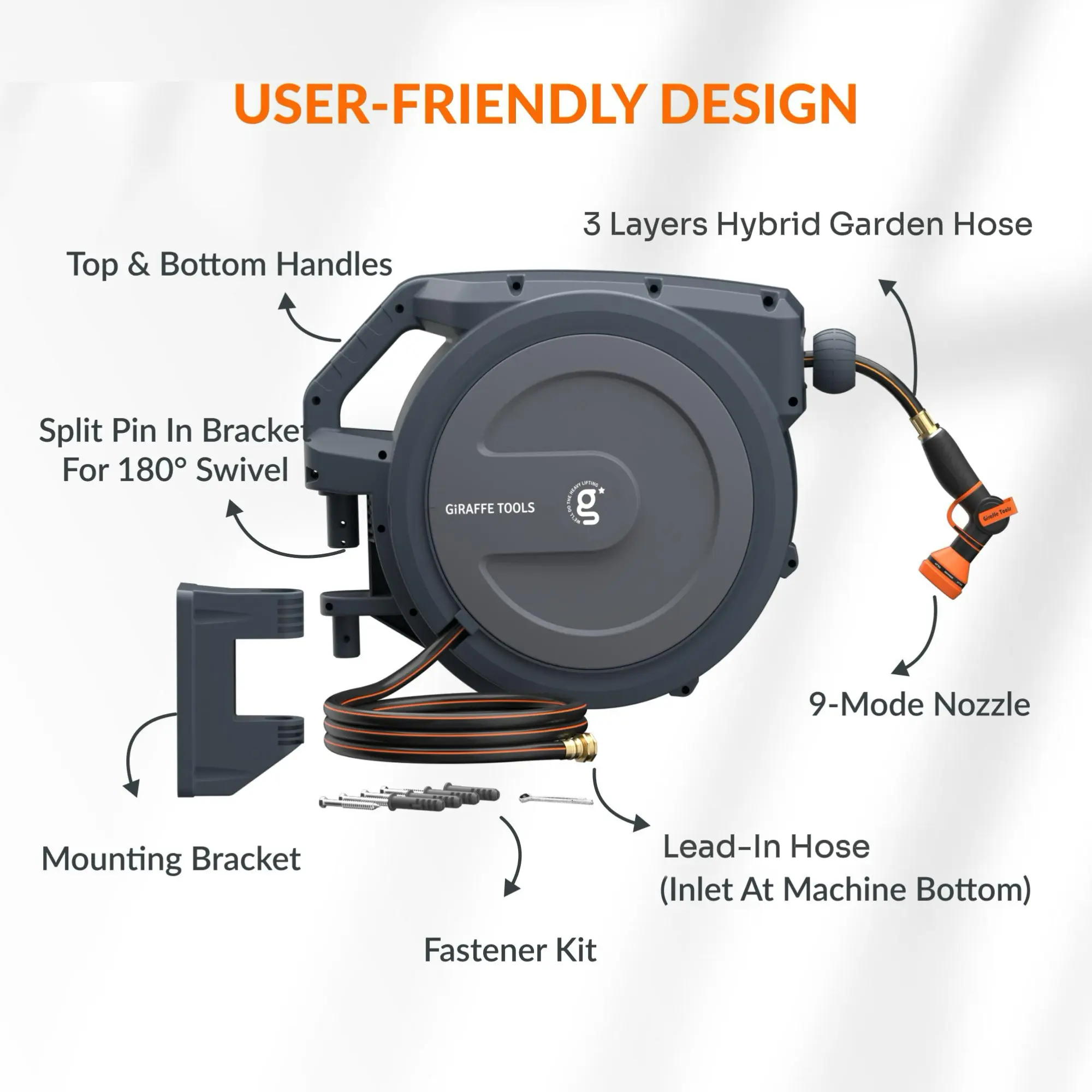 78ft-130ft 330LB Metal Bracket Retractable Garden 5/8in 1/2in , Wall Mounted Water Hose Reel with 180° Swivel, Any Length Lock, 9 Pattern Hose Nozzle