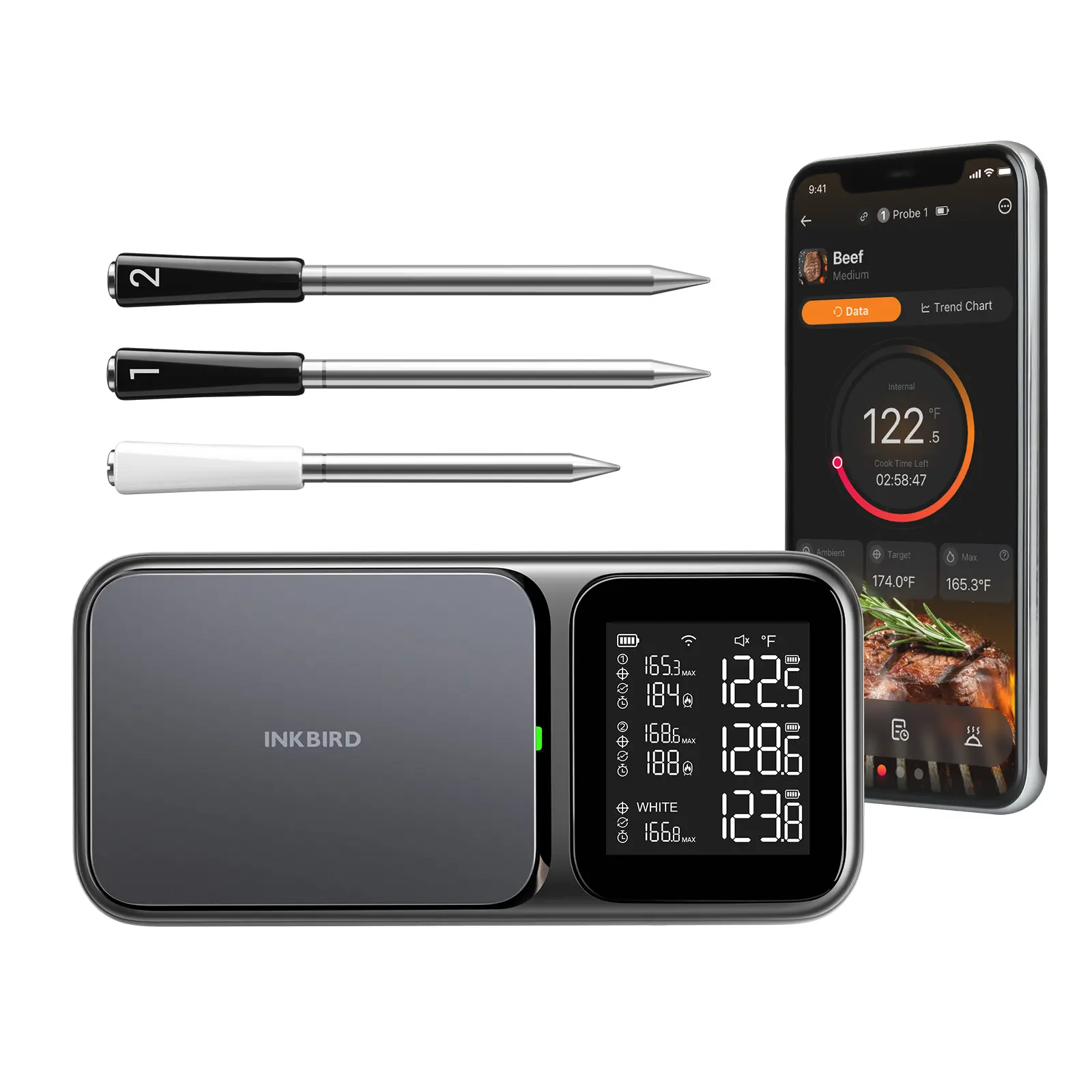 Wireless Digital Food Thermometer - WIFI & Bluetooth Portable LCD Kitchen Gadget, IP67 Waterproof Kitchen Thermometer for Grill BBQ, Cooking