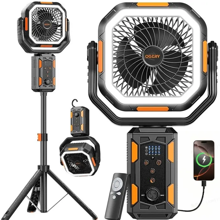 Camping Fan with Detachable Tripod, 30000mAh Rechargeable Fan with LED Lights & 270° Pivot,4 in 1 Cordless Camping Fan, Remote Control Shaking Head Desk Fan for Camping Tent Travel Bedroom Portable Motor summerwins