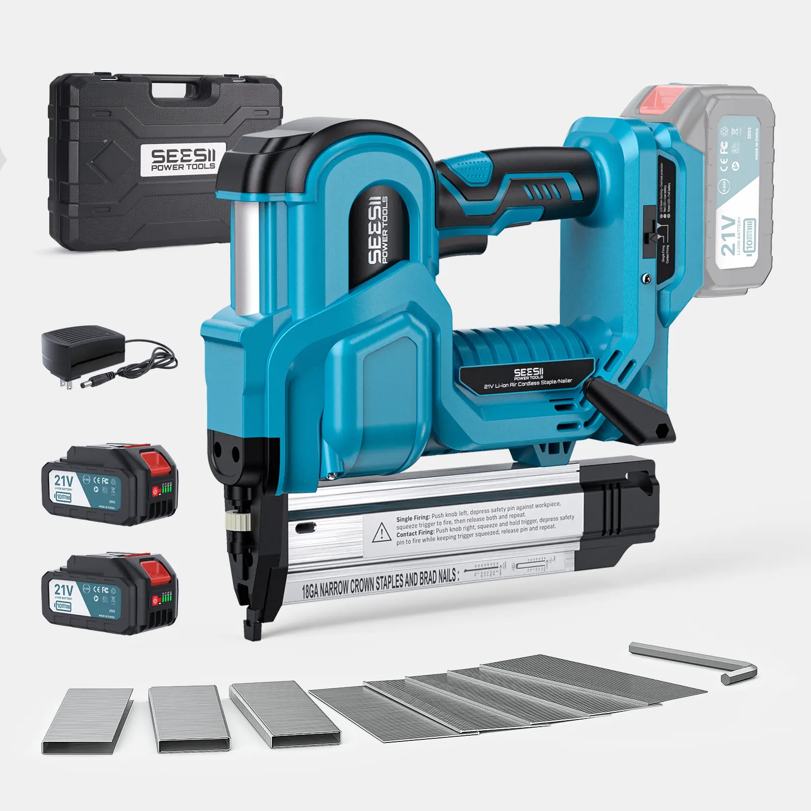 Cordless 2-in-1 Brad Nailer/Staple Gun (18GA) – 21V Electric Pneumatic Nail Gun w/ 2x4.0Ah Battery & Charger, 1000Pcs Nails, Adjustable Depth | Single/Contact Firing for Upholstery, Woodworking