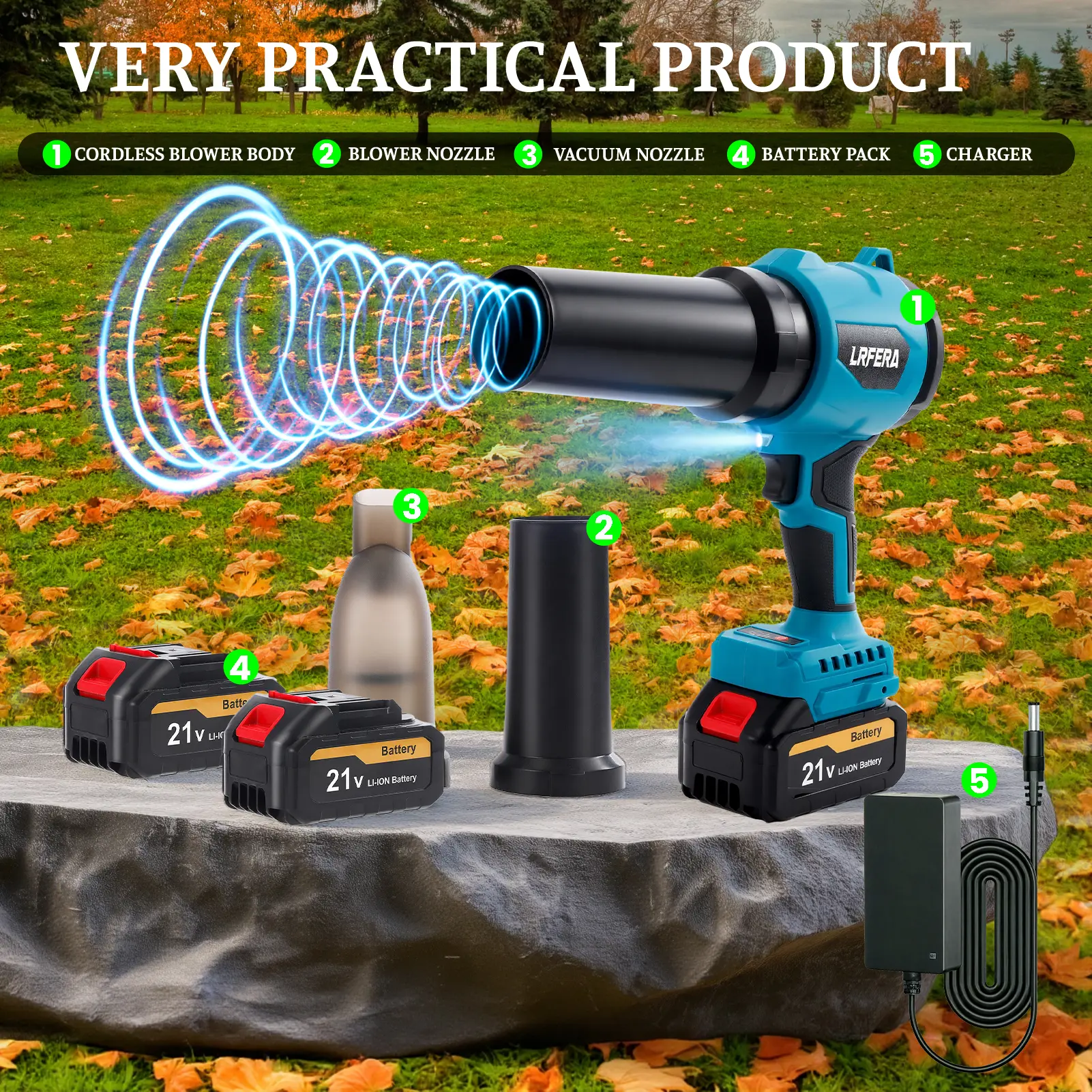 Leaf blower and vacuuming two functions with 3speed modes,Leaf Blower Cordless - 21V Powerful Electric Leaf Blower with 2 x 4.0Ah Batteries and Charger