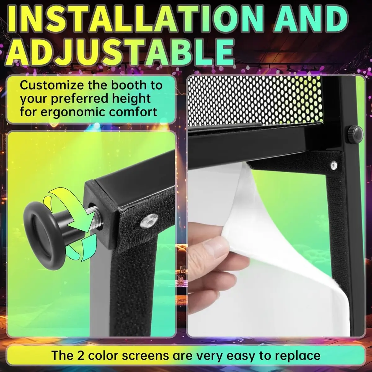 Portable DJ Booth Facade – Foldable DJ Table with Black & White Scrims, Carry Bag & Sturdy Metal Frame for Events