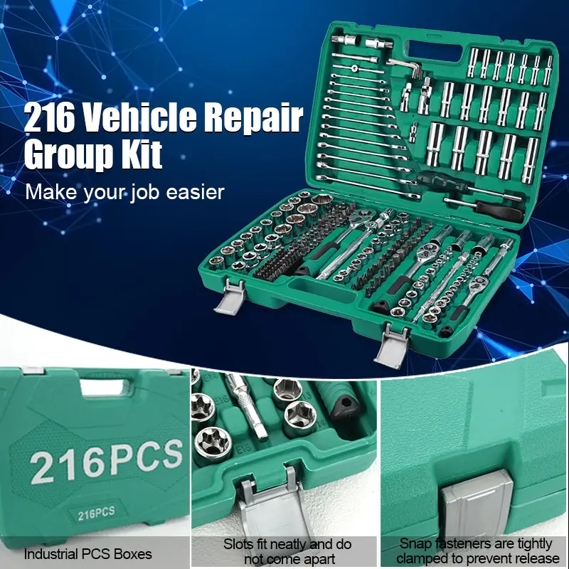 216-Piece Mechanic Tool Set: Comprehensive Auto Repair & Household Tool Kit with 1/2"" & 3/8"" Drive, Ratchet Wrench, Torque Wrench, and More