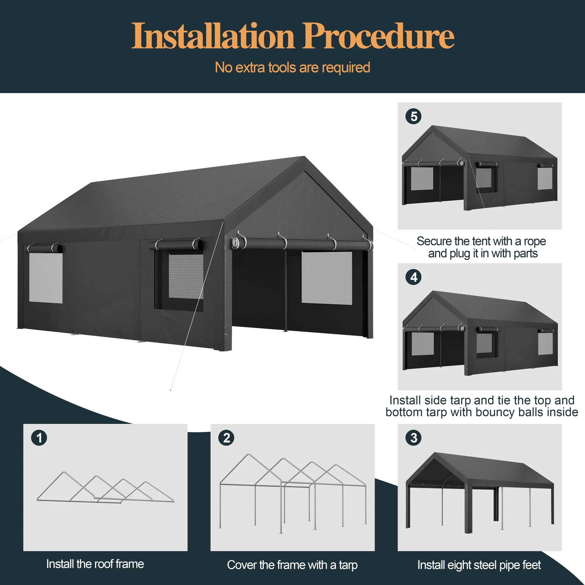 Carport 12x20ft Outdoor Car Canopy Portable Garage, Heavy Duty Shed Tent Port with Roll-up Ventilated Windows & Removable Sidewalls Shelter Storage Vehicle Party Moisture Prevention for Camp, Farm, Tool