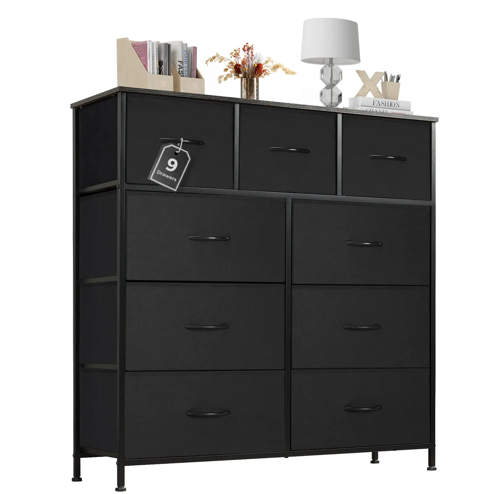 9 Drawers Dresser for Bedroom, Storage Drawers, Fabric Storage Tower Chest of Drawers with Fabric Bins, Sturdy Metal Frame