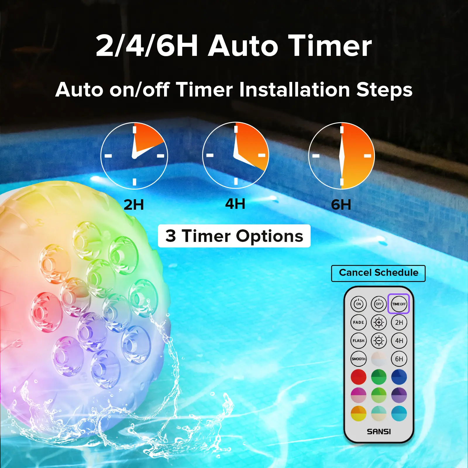 RGB Pool Lights with RF Remote & Timer – Waterproof, Battery Operated, Flash/Fade/Smooth Modes, Magnetic & Suction Installation – Portable for Showers, Pools, Outdoors – Perfect for Garden SummerVibes