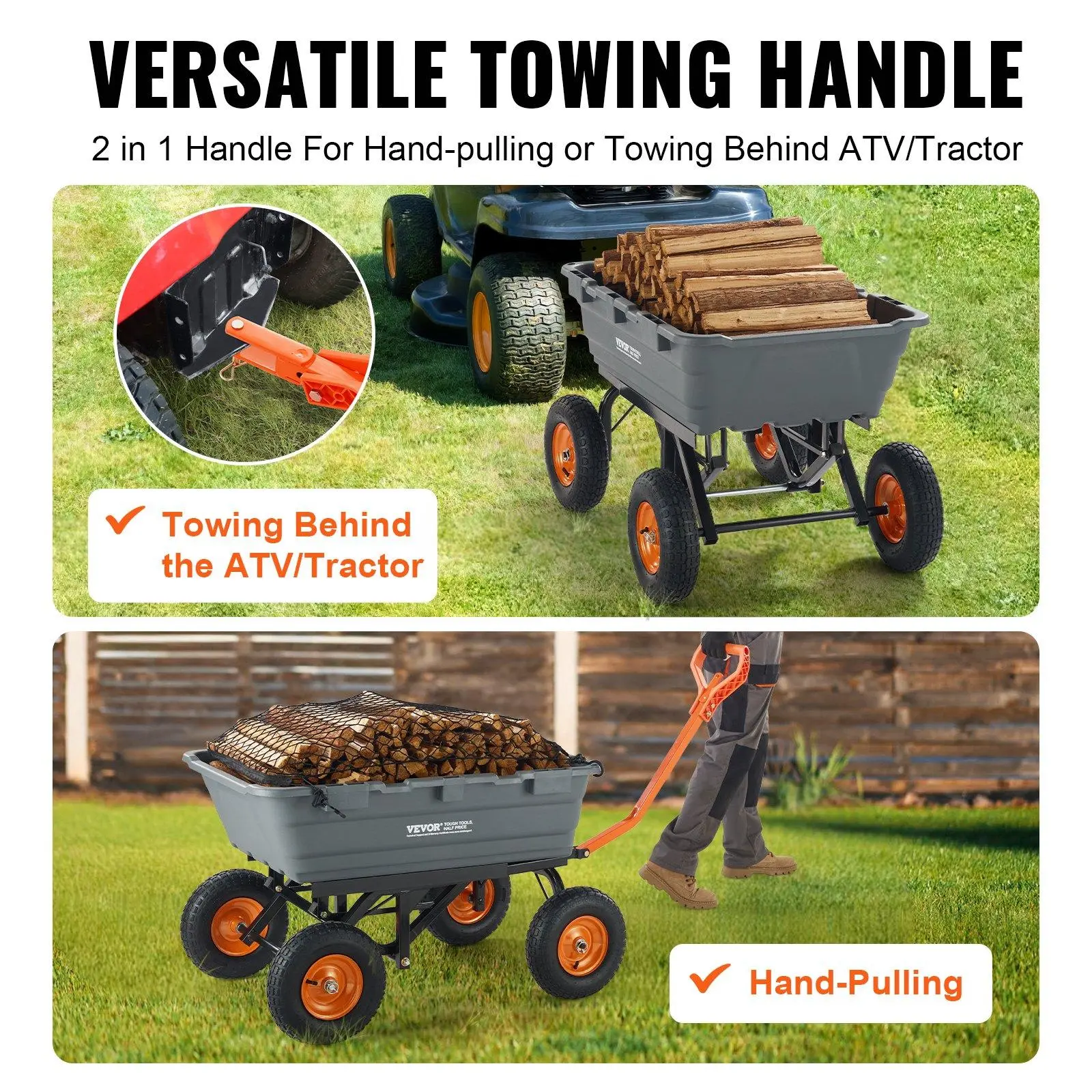 Garden Cart, Durable Poly Dump Cart with Simple Assembly Steel Frame, Versatile Dump Wagon with Dual-Function Handle, 6.48 cu.ft Utility Barrow 1200 lbs Load, 13 inch Wheels, Heavy Duty Wagon