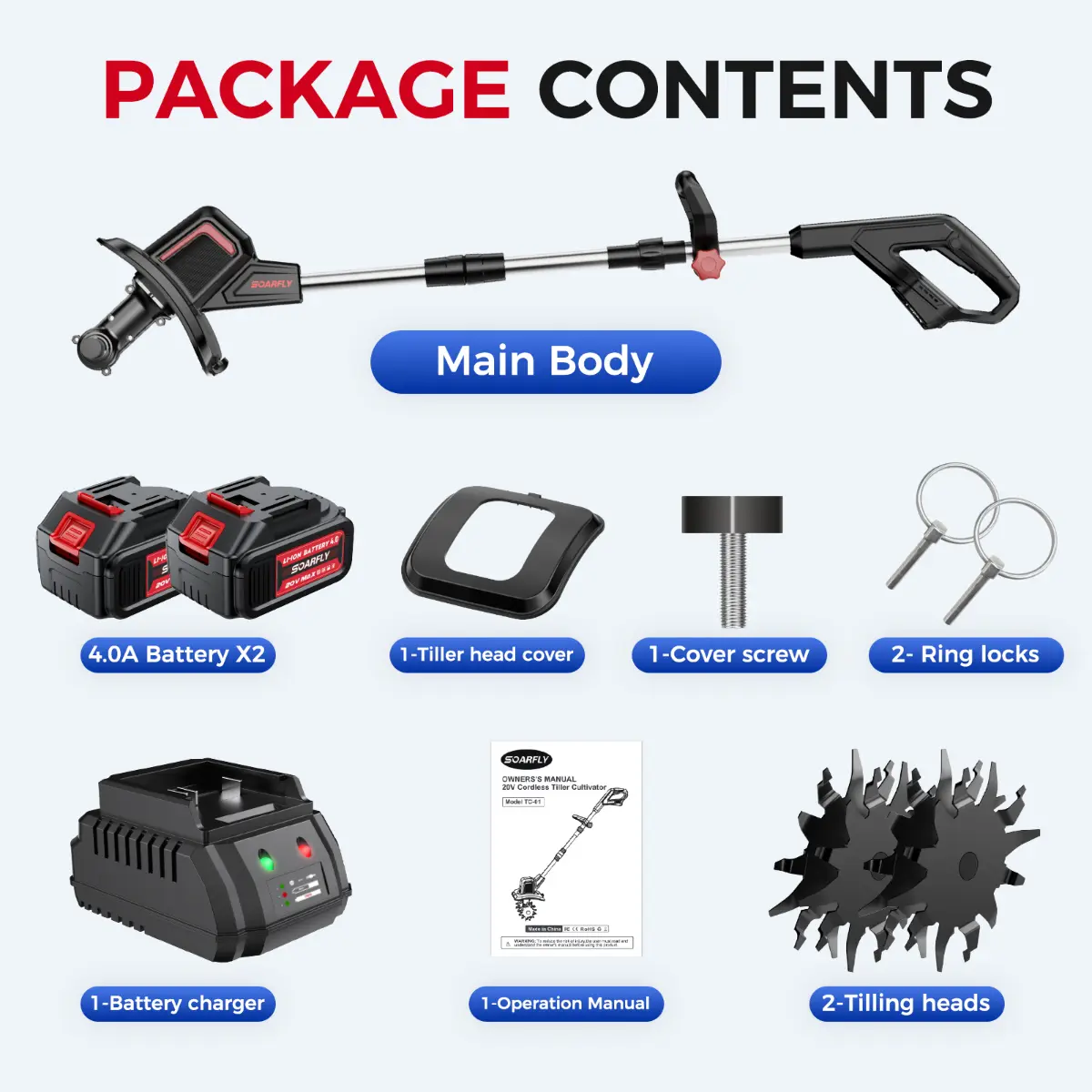 20V Electric Tiller, 360 RPM, With 2×4.0AH Batteries & Charger, 9 inch Width, 6.6 inch Depth, 48 Steel Tines Rototiller for Lawn/Gardening/Soil Cultivation