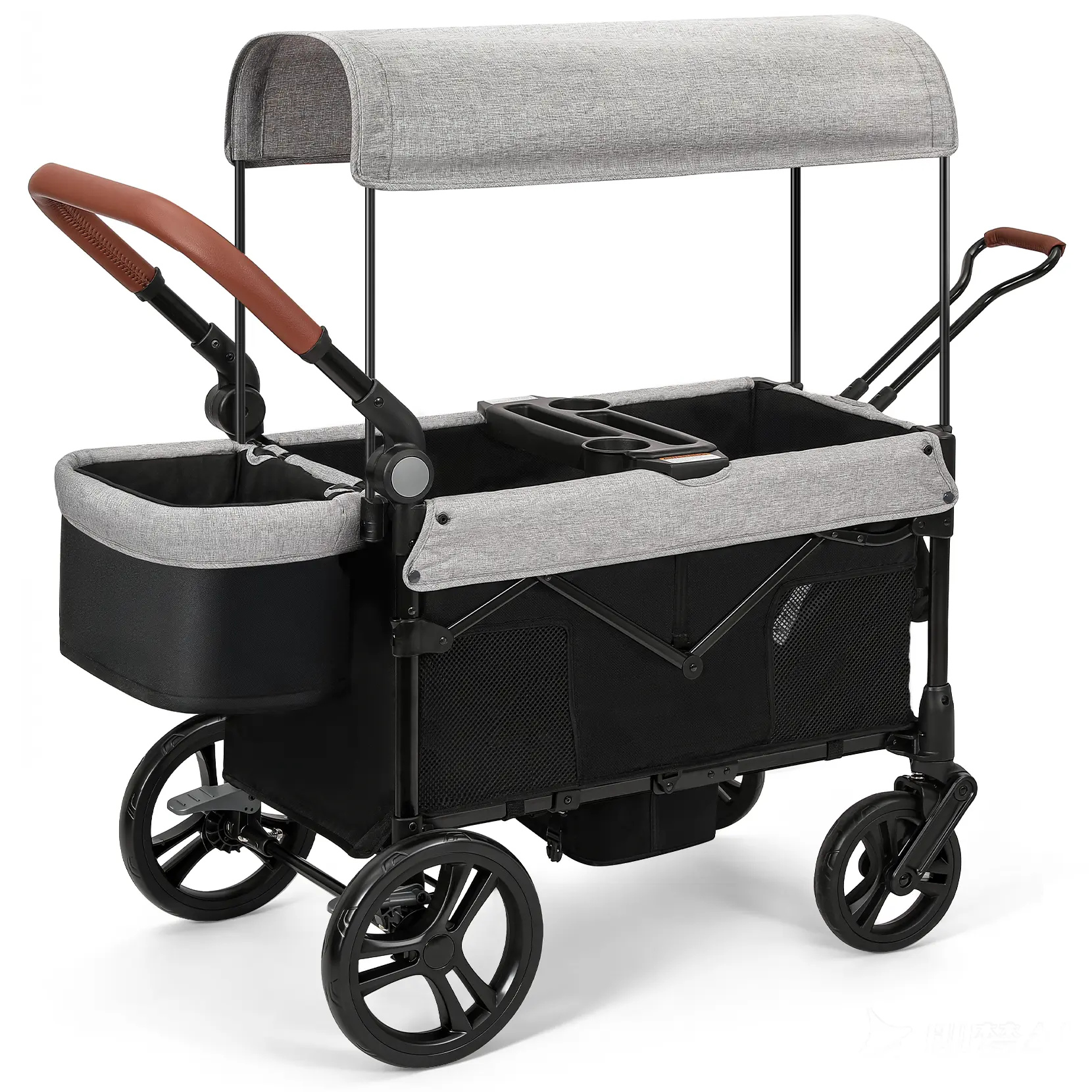 Stroller Wagon for 2 Kids, All-Terrain Foldable Kids Wagon Stroller with Removable Canopy, Mosquito Net, Snack Tray, Cup Holders & Storage Basket