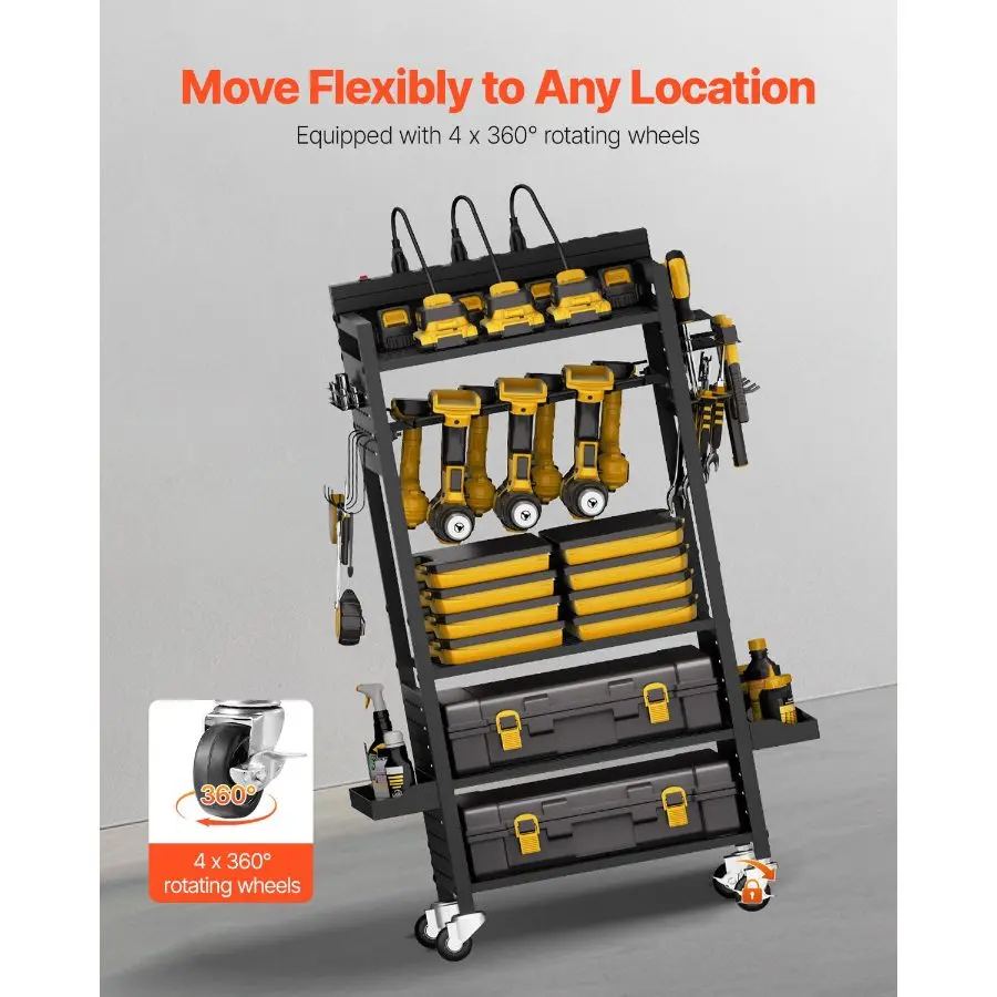 4-Tier Heavy Duty Tool Organizer Cart with Built-in 8-Outlet Charging Station - Rolling Garage Storage Rack with Drill Holders & Wheels