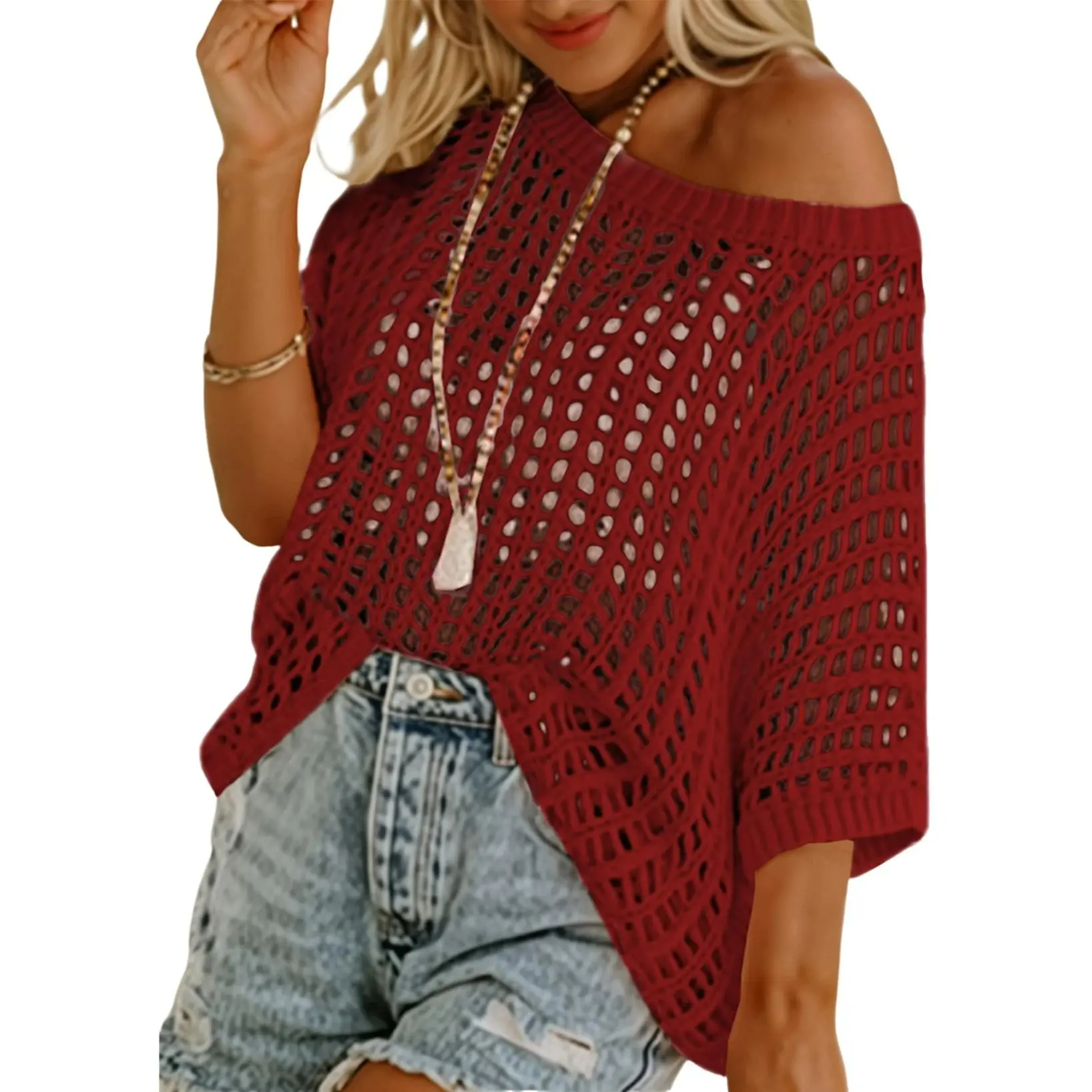🎁2026 New Hot Sale 49% OFF - Womens Summer Scoop Neck Short Sleeve Sweater Casual Crochet Hollow Out Knit Tops Pullover Shirts Beach Coverup