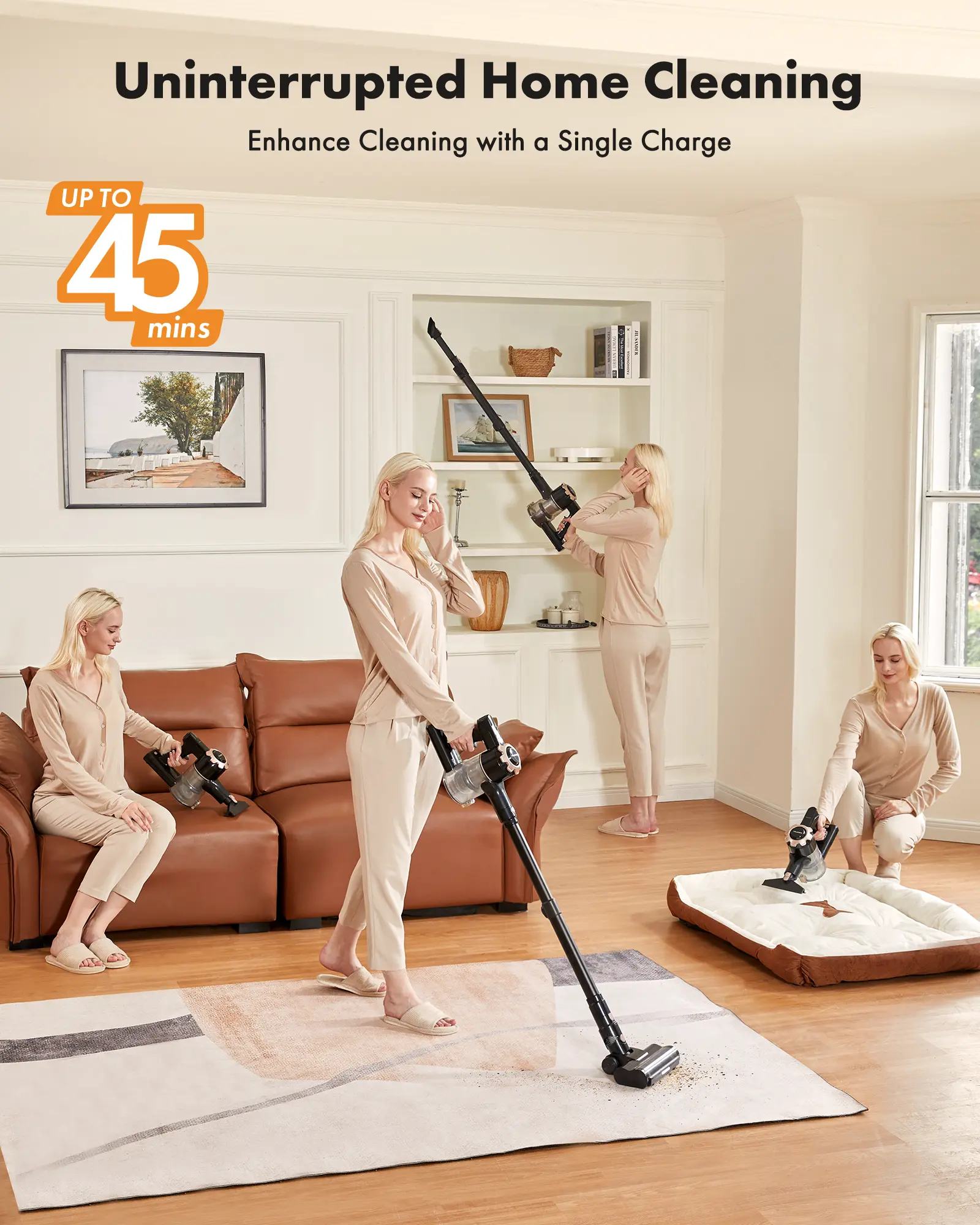 【 2026 newly upgraded】cordless vacuum features an 8-in-1 lightweight design with up to 45 minutes of runtime and 33Kpa of powerful suction. This rechargeable cordless vacuum is ideal for carpets, tiles, pet hair, and hardwood floors.