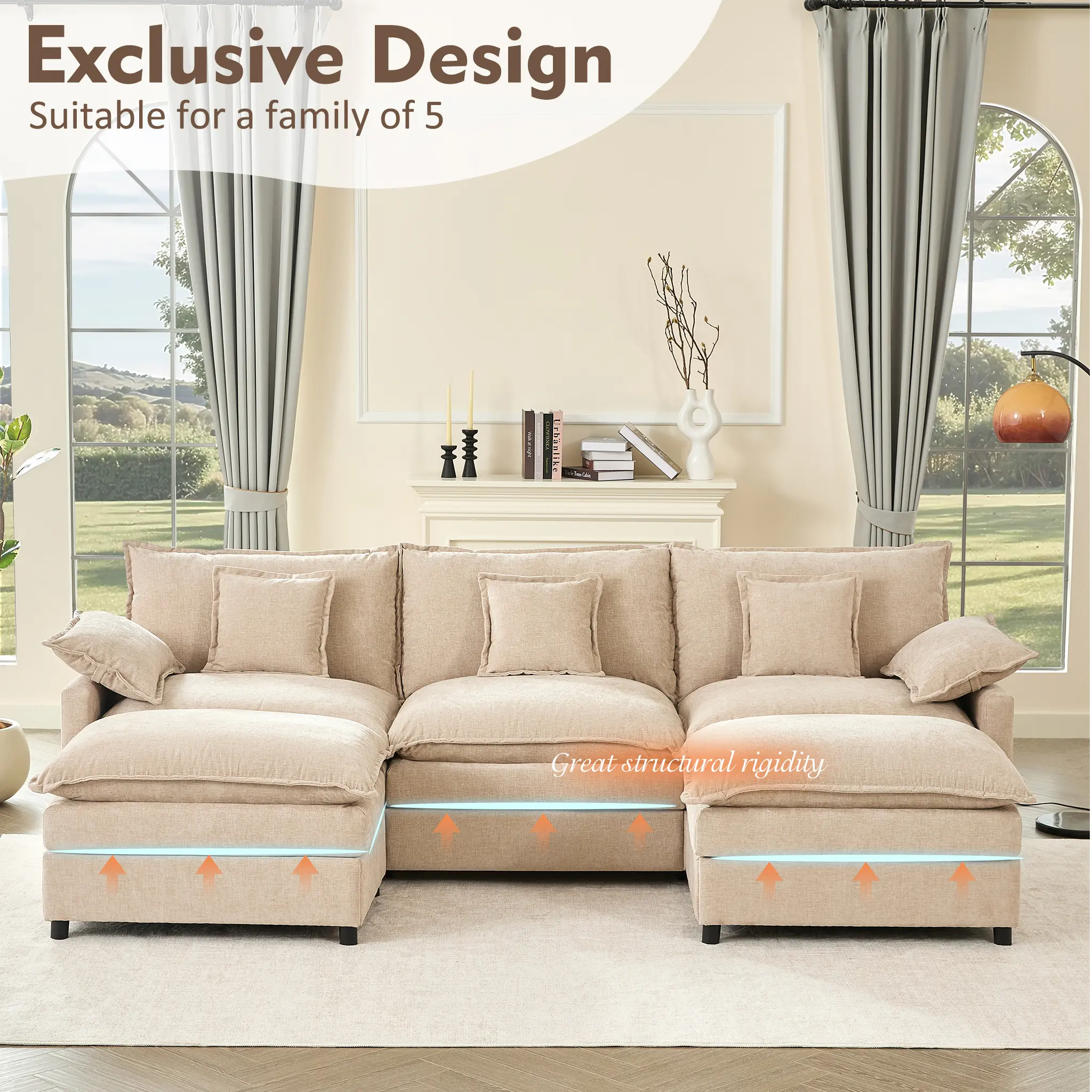 108" U-Shaped Modular Sectional Sofa - Comfy Cloud 3-Seater with 2 Movable Ottoman, Cloud Sofa,Deep Seat Linen Couch for Living Room, Beige Color ,Comfort & Stylish Design,Chenille pink
