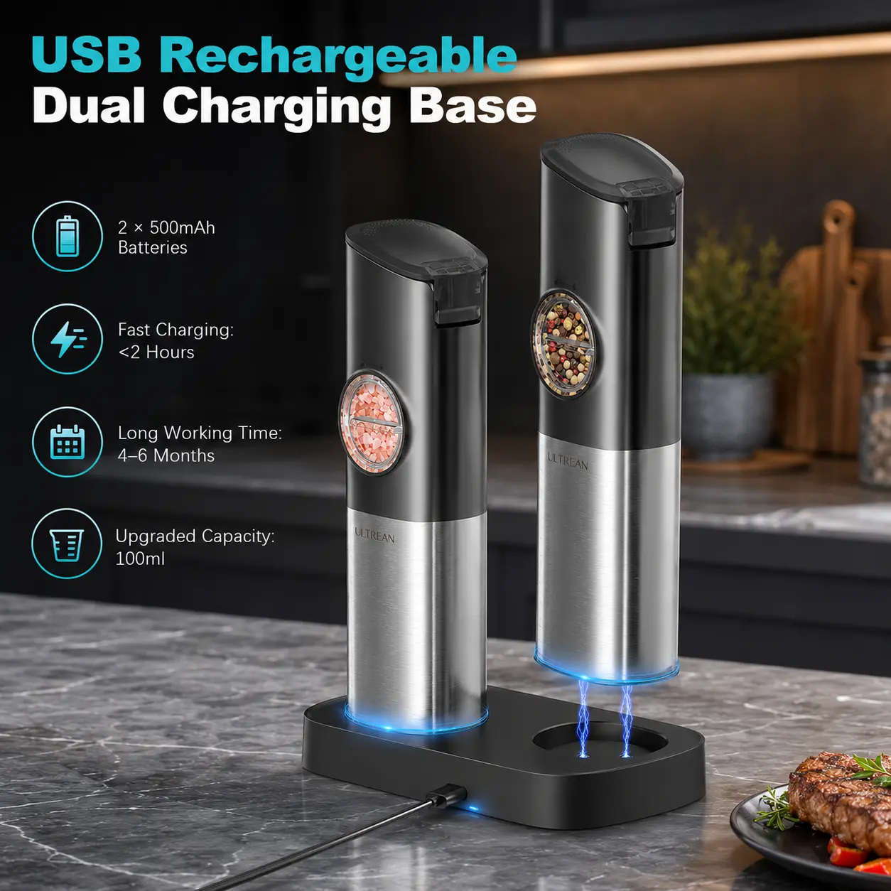 2PCS Rechargeable Salt & Pepper Grinder Set – Adjustable Stainless Steel Grinders with LED One-Hand Operation
