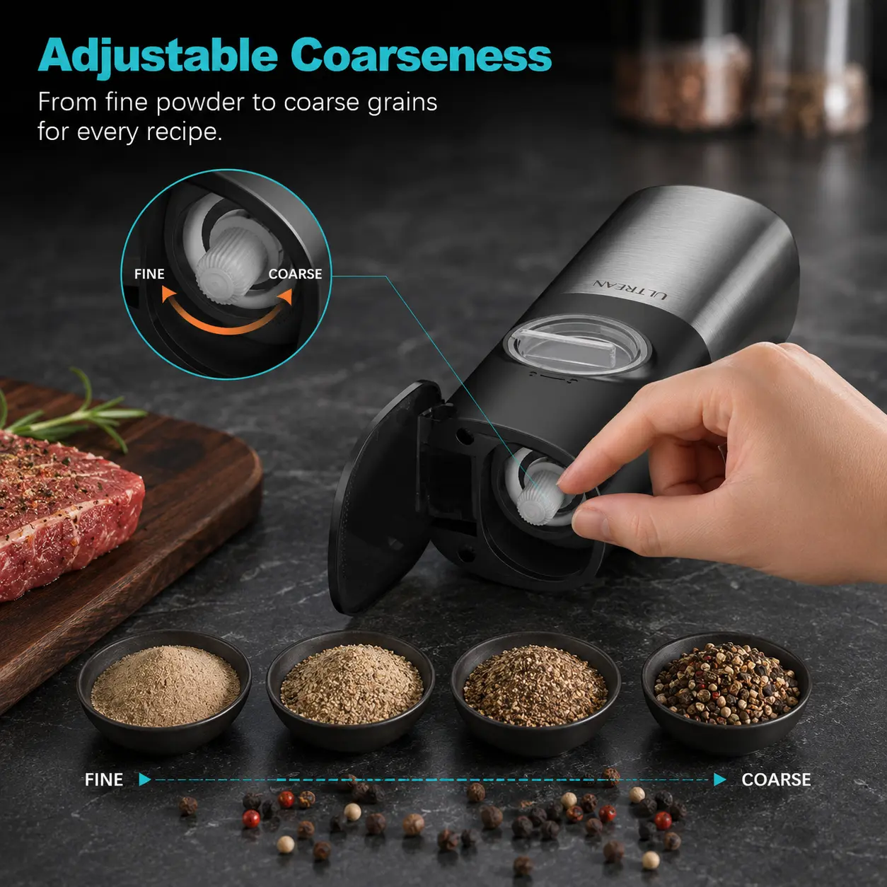 2PCS Rechargeable Salt & Pepper Grinder Set – Adjustable Stainless Steel Grinders with LED One-Hand Operation