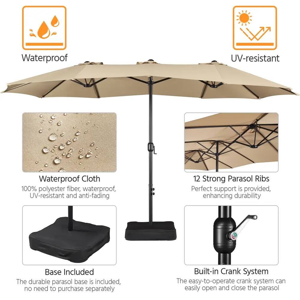 【On Sale】Massive 15/13ft Double-Sided Patio Umbrella | Heavy Duty & 2 Sandbags Included, Easy Crank for Garden Pool and Lawn