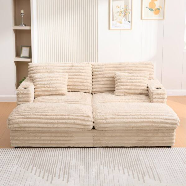 86" W Deep Seat Loveseat Sofa Chaise Daybed Oversized Love Seat TV Couch, Living Room Sleeper Napping Sofabed Fluffy Corduroy Upholstered Sofa&Couch with 4 Pillows for Home/Apartment
