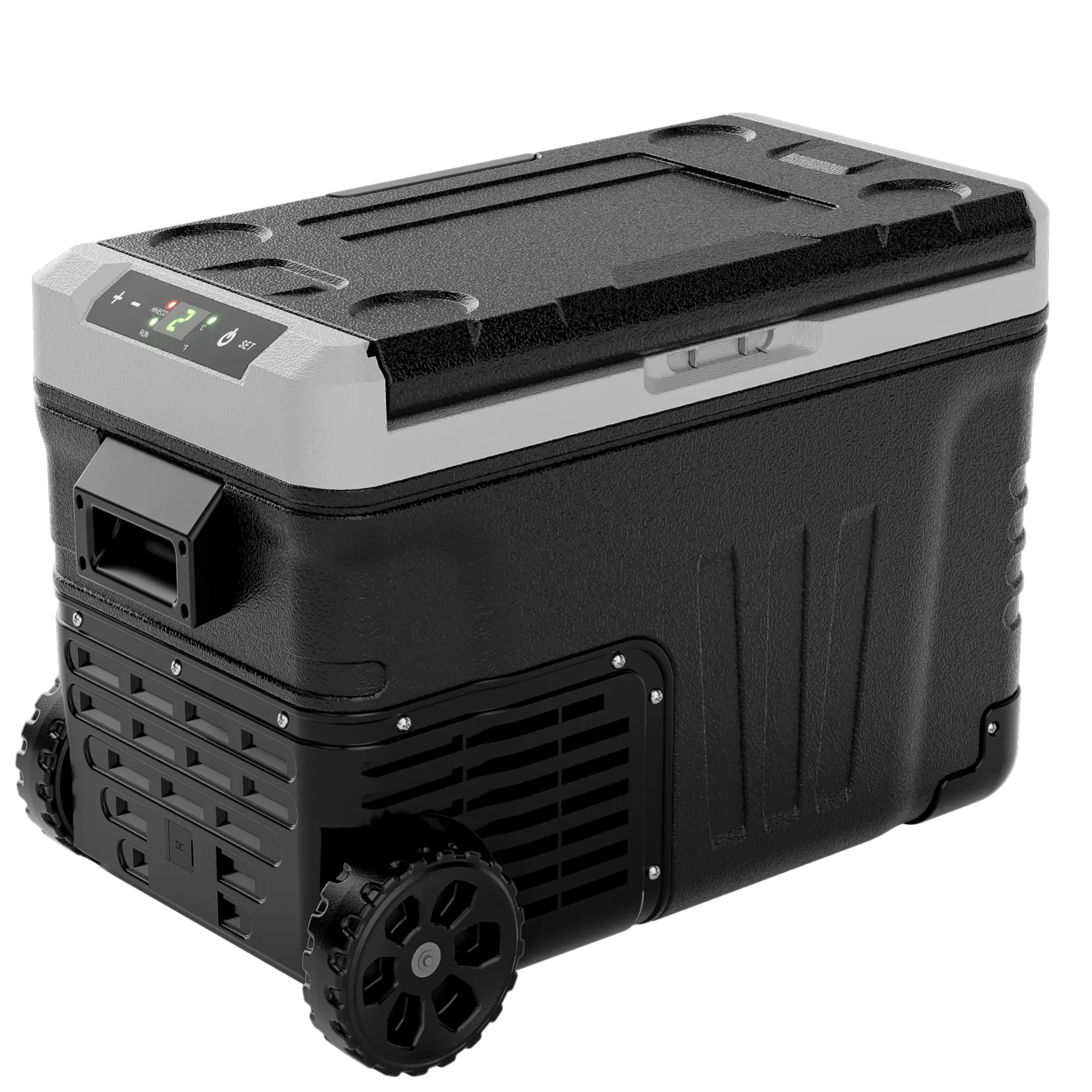 12V Refrigerator (24/37/53Quart /23L/35L/50L) supports 12V/24V DC & 110-240V AC. Portable with -4°F~68°F range, it features wheels, 2 baskets