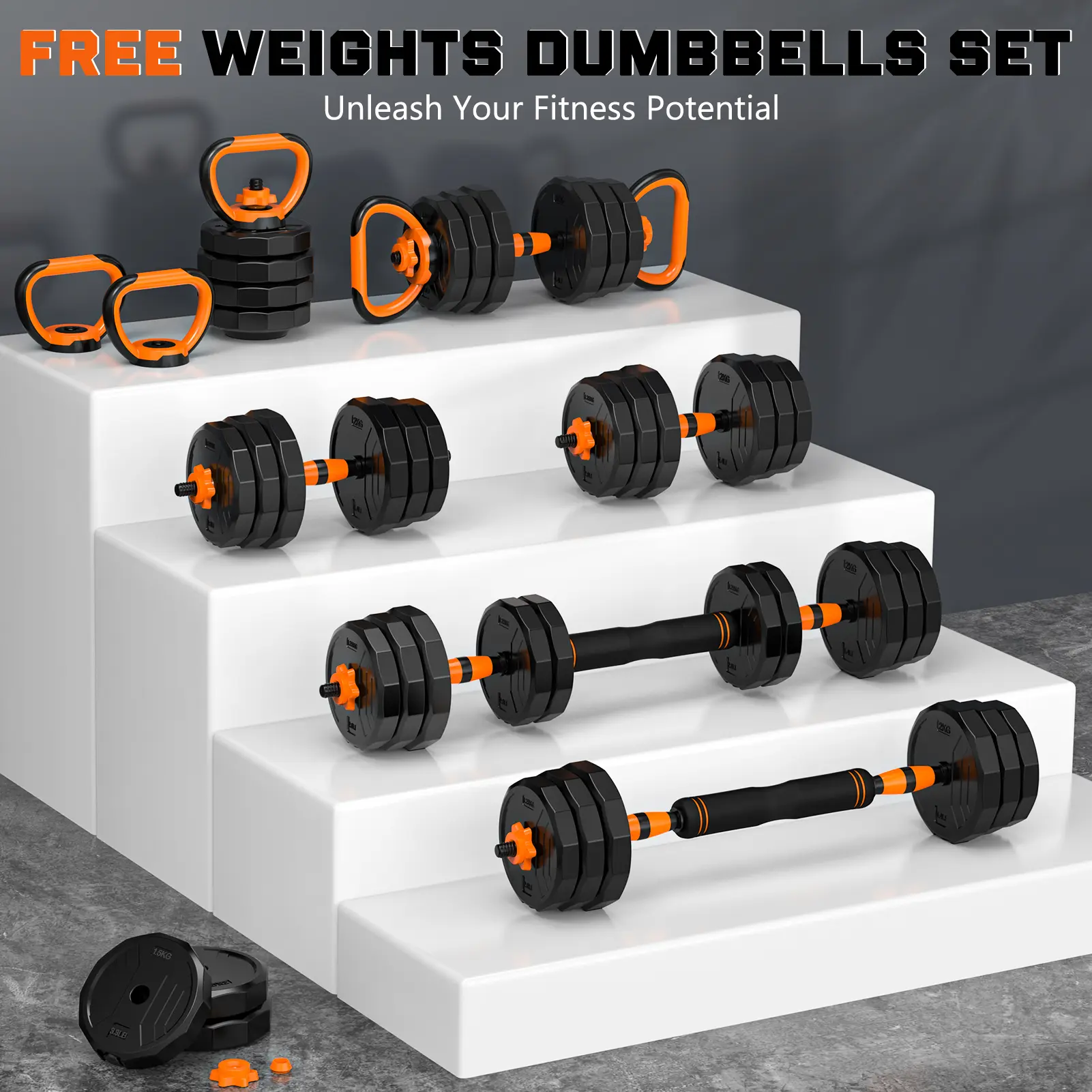 44lb/66lb/88lb 4-in-1 Adjustable Dumbbells Set Free Weight Set with Connector Used as Barbell, Kettlebells, Push up Stand, Fitness Exercises