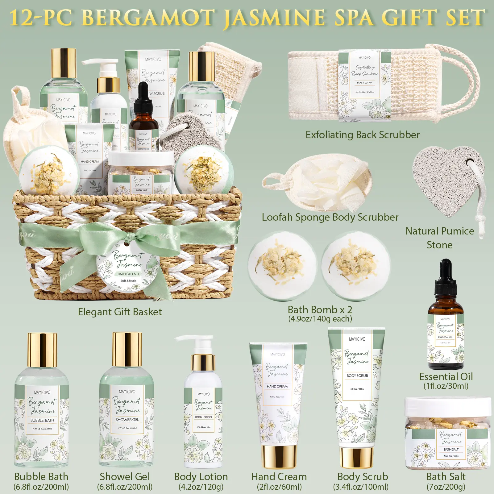Valentine's Day Gifts for Women, Bergamot Jasmine Relaxing Spa Gift Baskets for Women Self Care Package Bath Gift Set, Home Bath and Body Kit