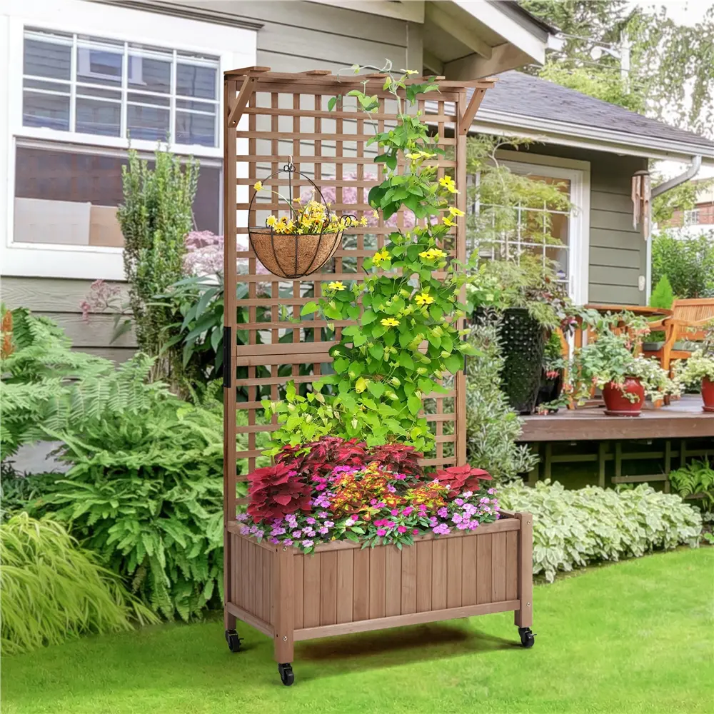 75/50" H Horticulture Garden Planter with Trellis for Vine Climbing Plants Garden Box Outdoor w/Drainage Holes Raised Garden Bed Garden Planter Box for Flowers