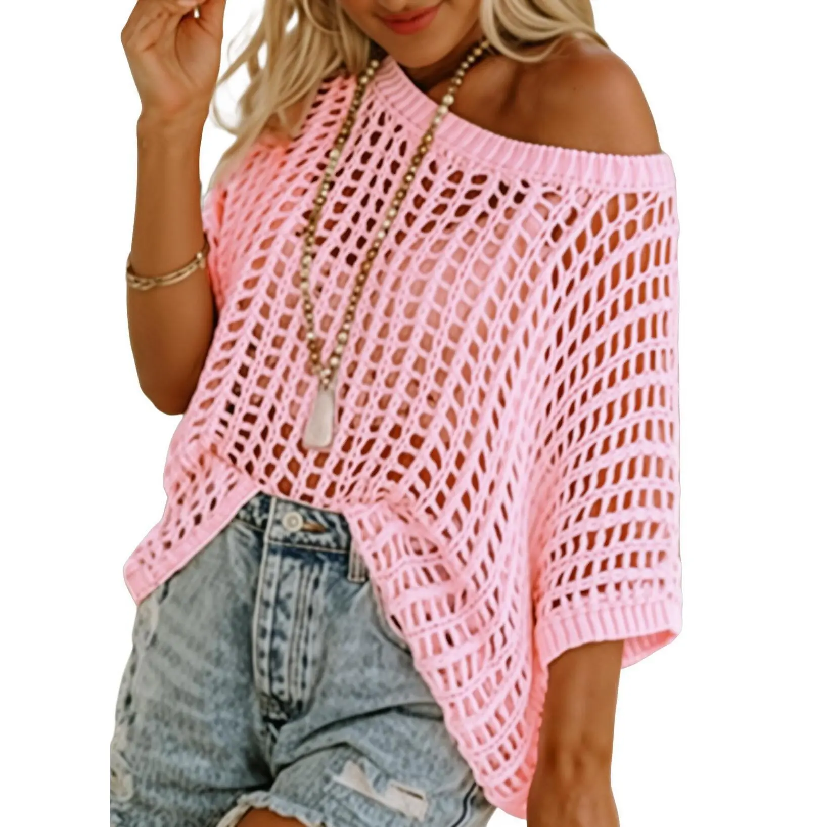 🎁2026 New Hot Sale 49% OFF - Womens Summer Scoop Neck Short Sleeve Sweater Casual Crochet Hollow Out Knit Tops Pullover Shirts Beach Coverup