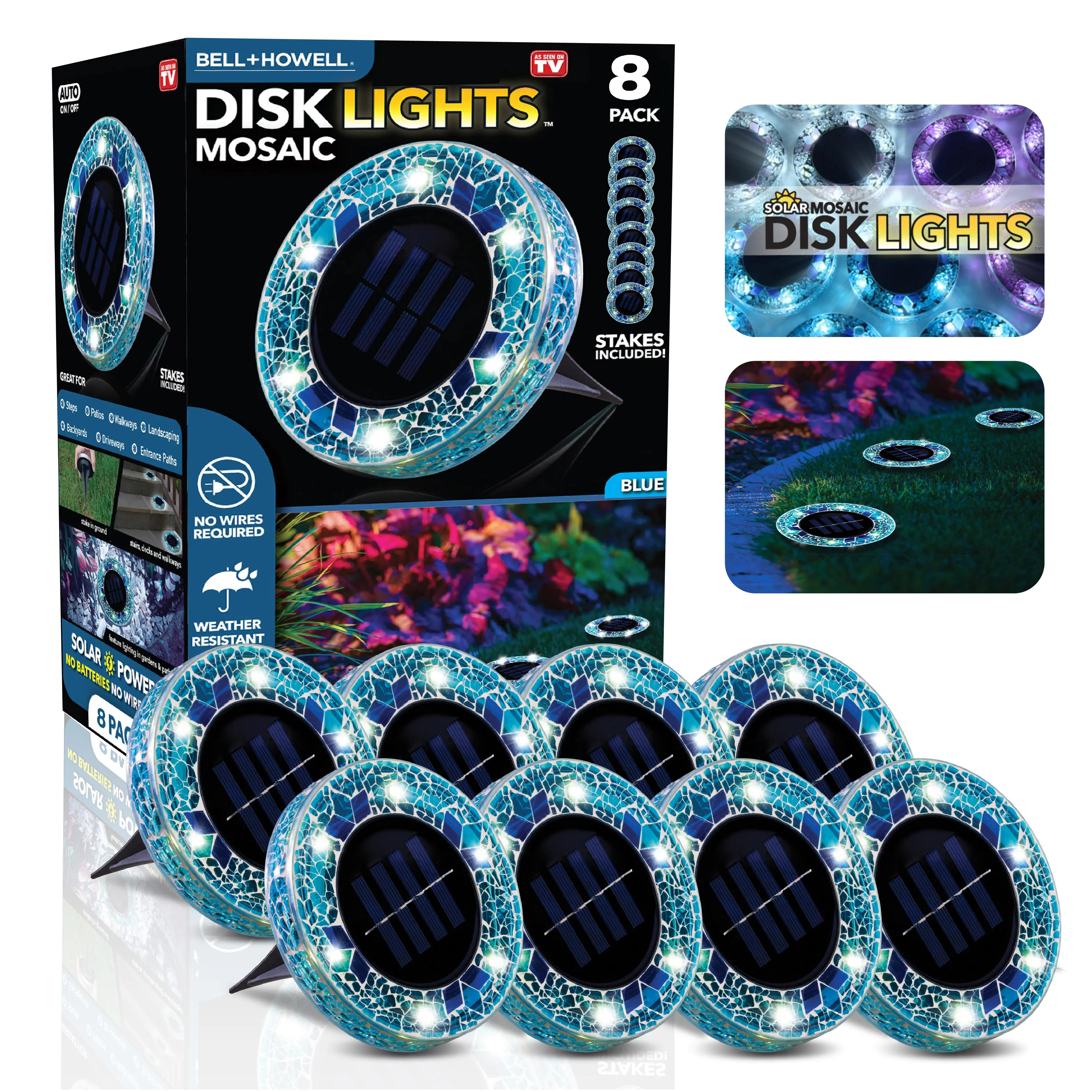 Solar Outdoor Mosaic Disk Lights, Waterproof Decorative Pathway LED Light, Auto On/Off