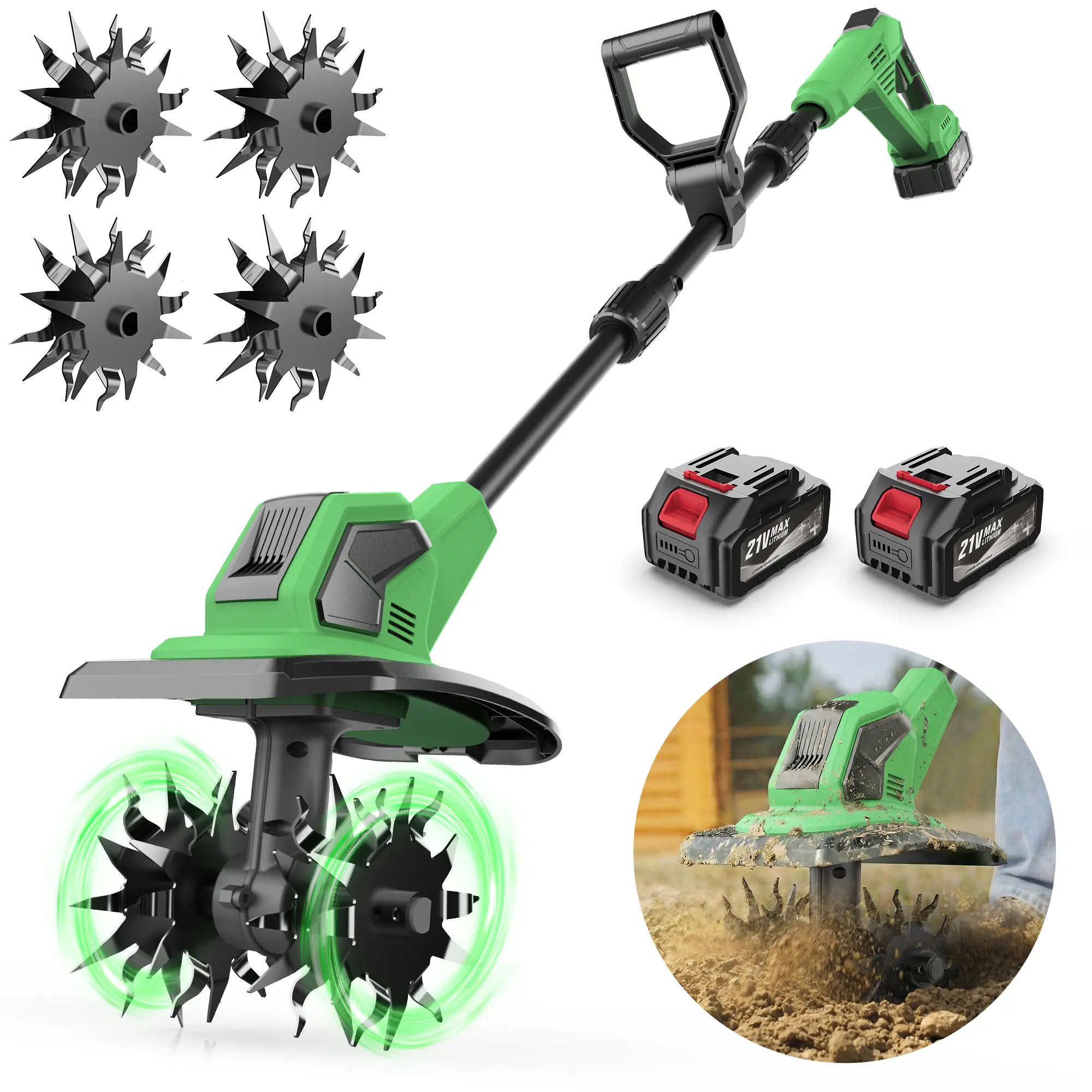 Cordless Cultivator & Tiller, 21V Electric Garden Tillers with 2×4000mAh Battery 120 Mins Runtime, 270 RPM Manganese Steel Blades, Lightweight 11.6 lbs, Ergonomic Design for Vegetable Plots Flowerbeds