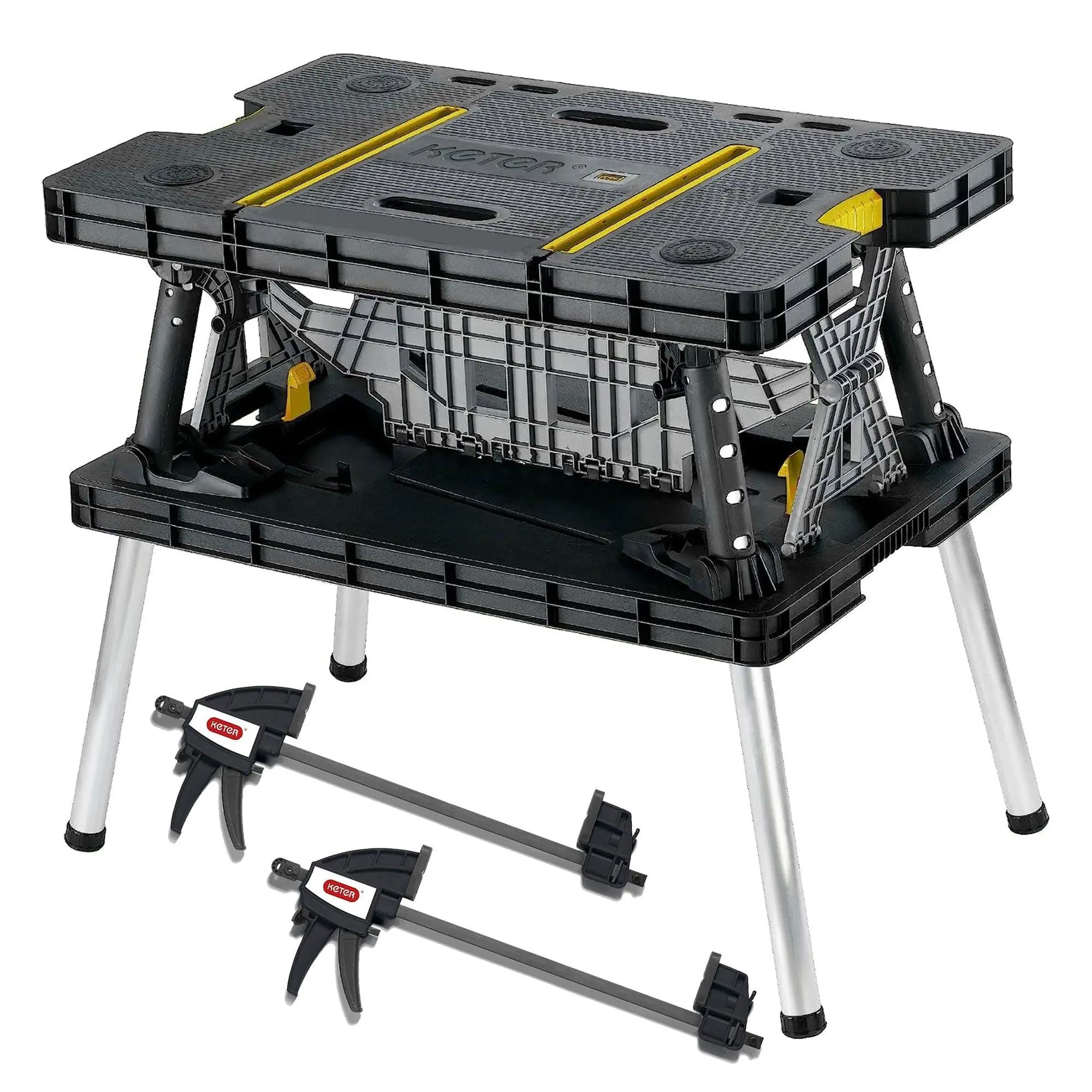 Heavy-Duty Portable Folding Table — Multifunctional Workbench with 12-Inch Clamps, Tool Storage, and Saw Stand
