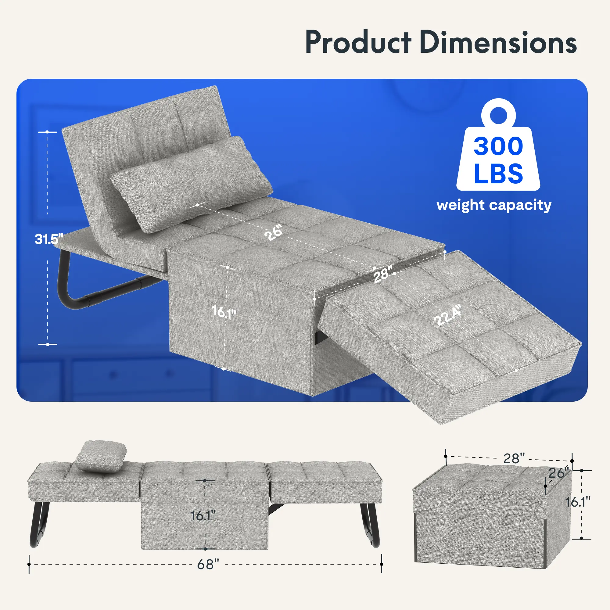 Convertible Sleeper Chair Sofa Bed - 5-Level Adjustable Backrest Multi-Function Upholstered Ottoman Futon, Adjustable Upholstered Couch, Furniture for Living Room (Grey, Beds Compatible)