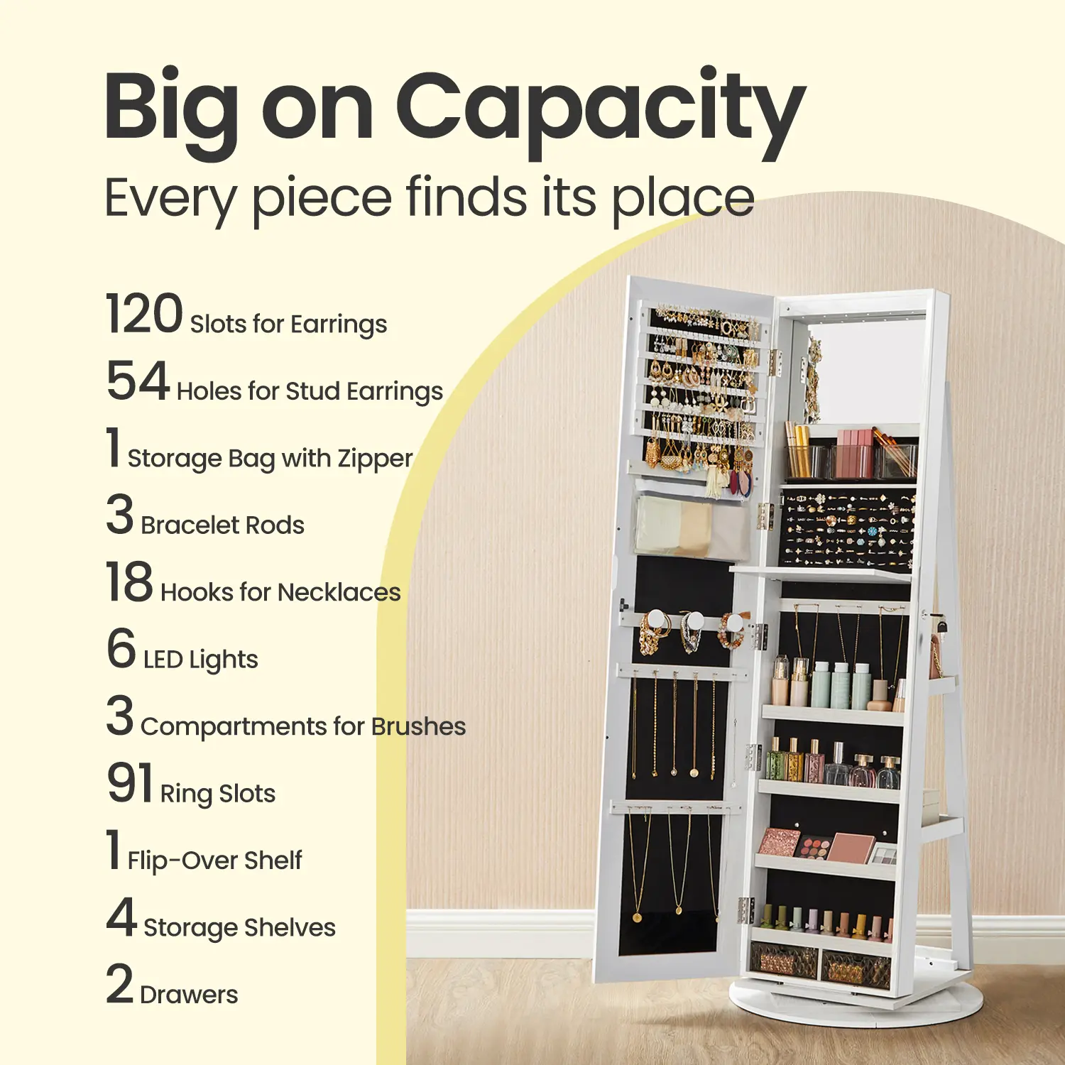 LED Lockable Jewelry Cabinet – Standing Armoire with Frameless Full-Length Mirror & 3 Storage Shelves
