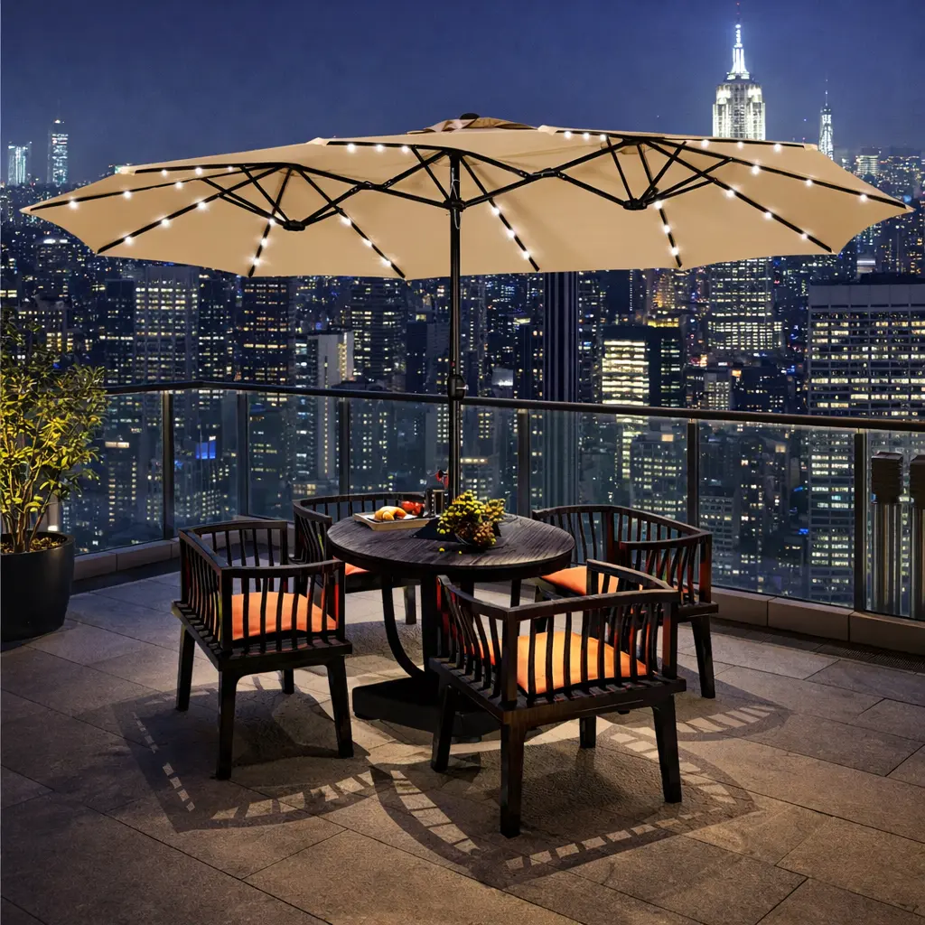 15FT Double-Sided Patio Umbrella – Large Outdoor Shade with 36 LED Lights, Crank System & Base Included for Patio, Pool & Backyard