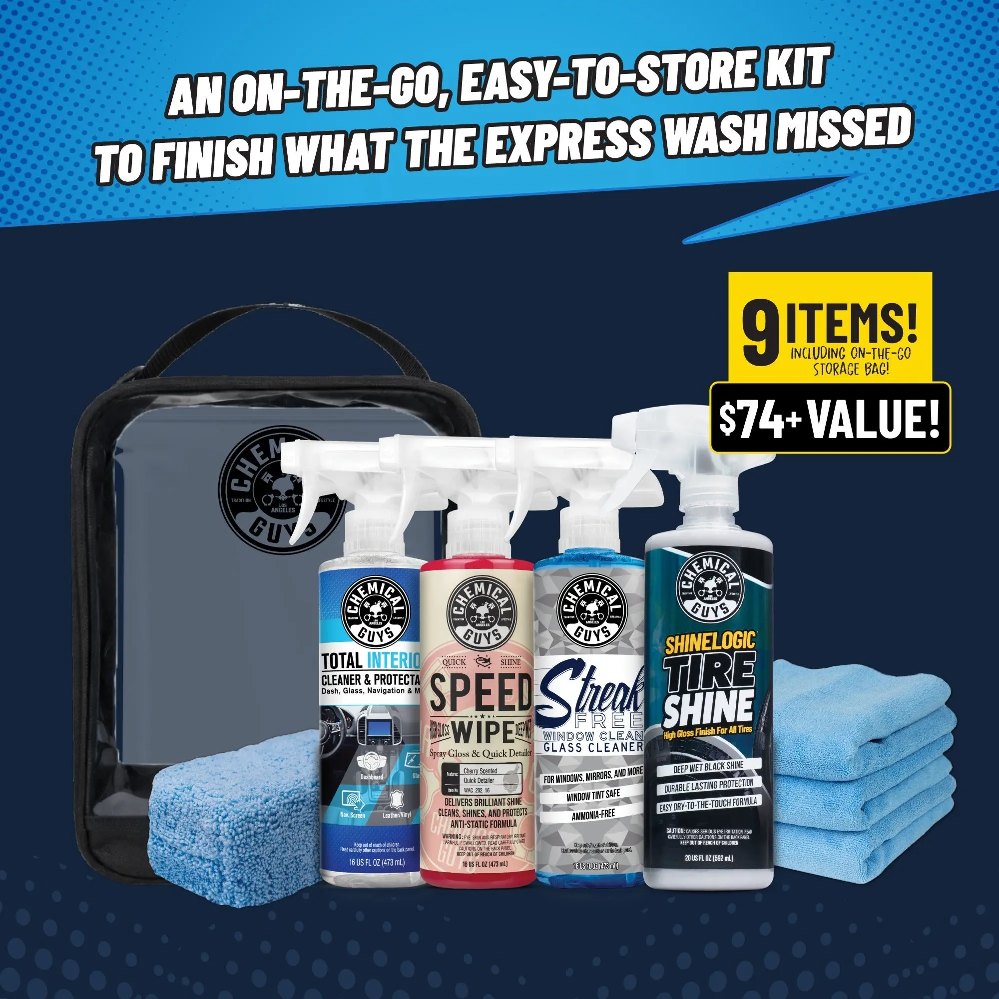 Touch-Up & Shine Kit – Interior & Exterior Detailing Bundle | Remove Drips, Restore Shine, Clean Tires, Glass & Cabin | Trunk-Ready On-the-Go Kit with Microfiber Towels & Storage Bag Anytime | Car Care