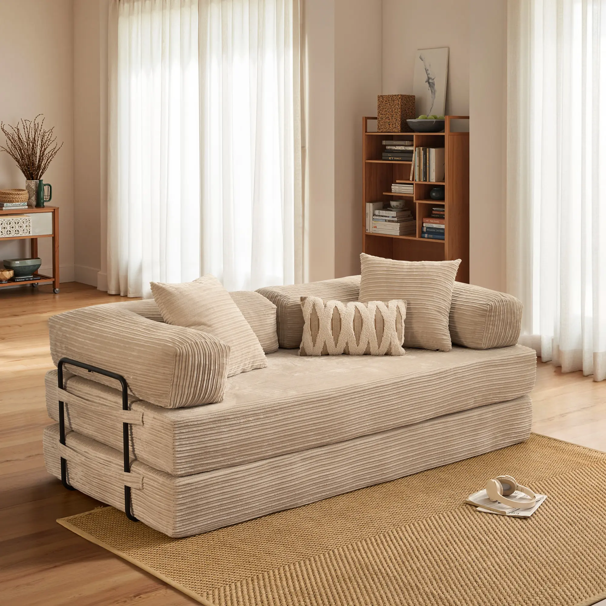 80"Oversized Boneless Couch, 5-in-1 Convertible Sleeper Sofa Bed, Deep Seat Corduroy Modular Floor Sofa, Foldable Pull-Out Couch for Living Room, Apartment,No Assembly