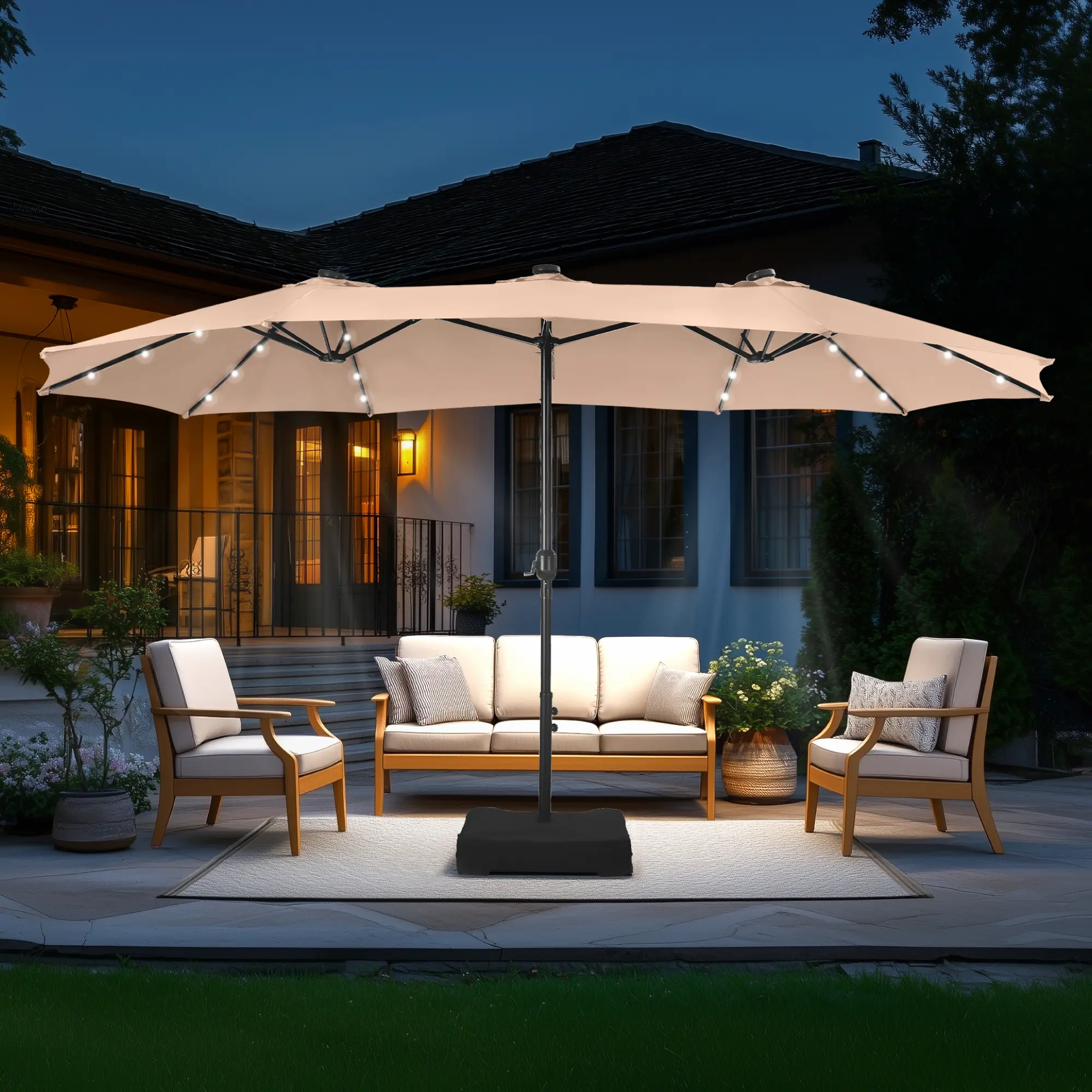 15FT Double-Sided Patio Umbrella with LED Lights | Waterproof Outdoor Shade