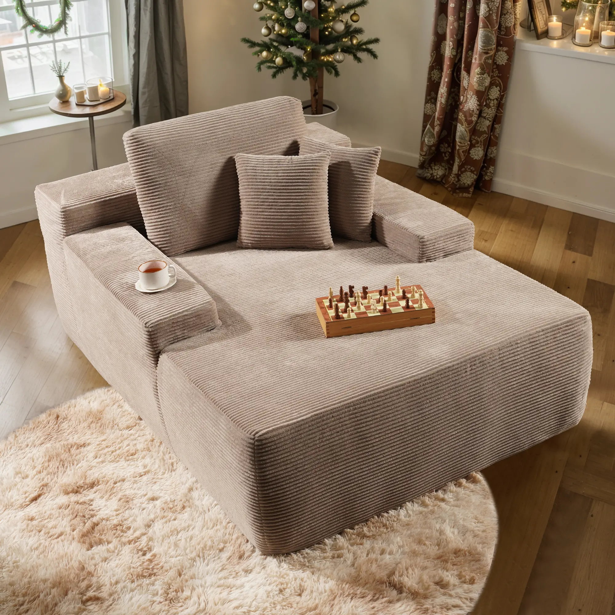 49'' Boneless Chaise Lounge with Cup Holders, Upholstered Sofa Bed with Throw Pillows and Armrests, Indoor Sleeper Chair- Luxurious Plush Corduroy Chair Bed for Living Room - No Assembly Required