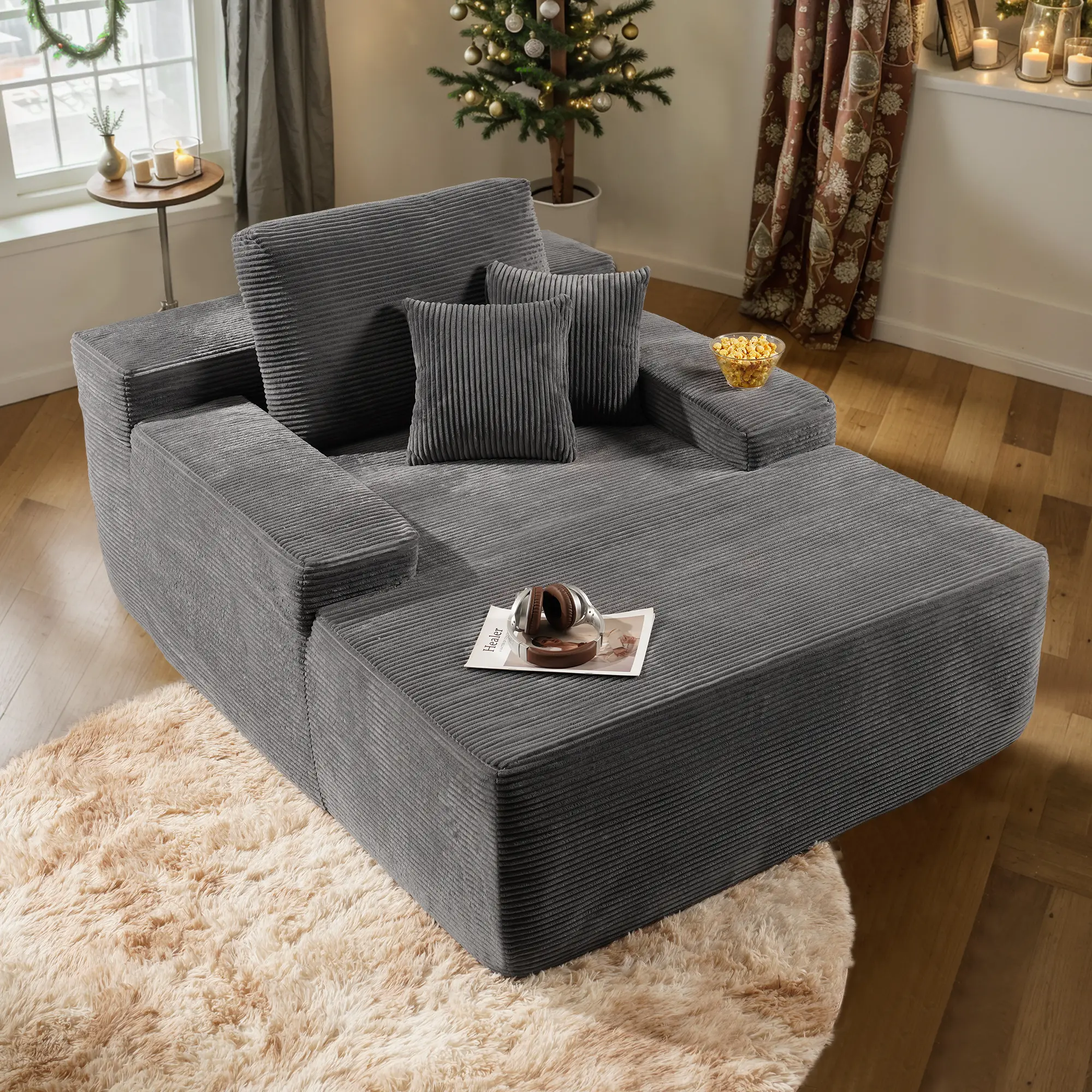 49'' Boneless Chaise Lounge with Cup Holders, Upholstered Sofa Bed with Throw Pillows and Armrests, Indoor Sleeper Chair- Luxurious Plush Corduroy Chair Bed for Living Room - No Assembly Required