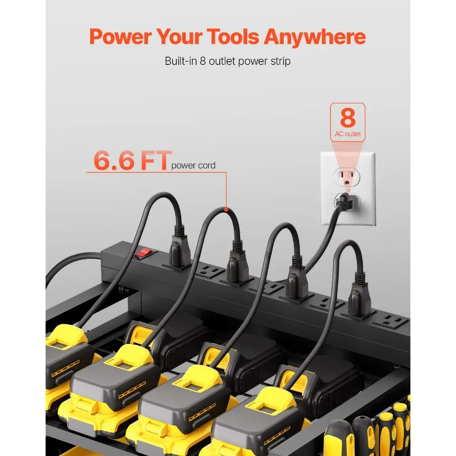 4-Tier Heavy Duty Tool Organizer Cart with Built-in 8-Outlet Charging Station - Rolling Garage Storage Rack with Drill Holders & Wheels