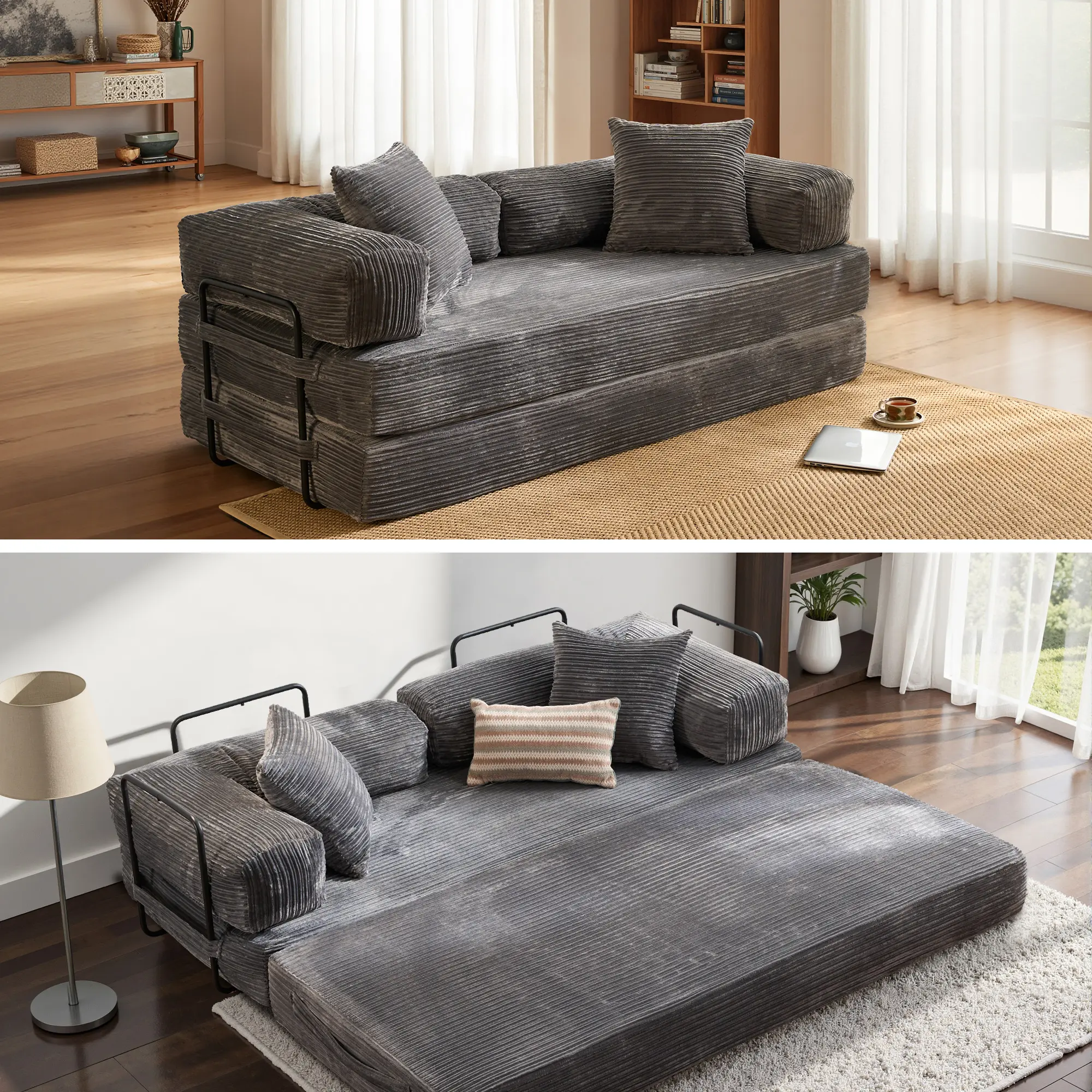 80"Oversized Boneless Couch, 5-in-1 Convertible Sleeper Sofa Bed, Deep Seat Corduroy Modular Floor Sofa, Foldable Pull-Out Couch for Living Room, Apartment,No Assembly