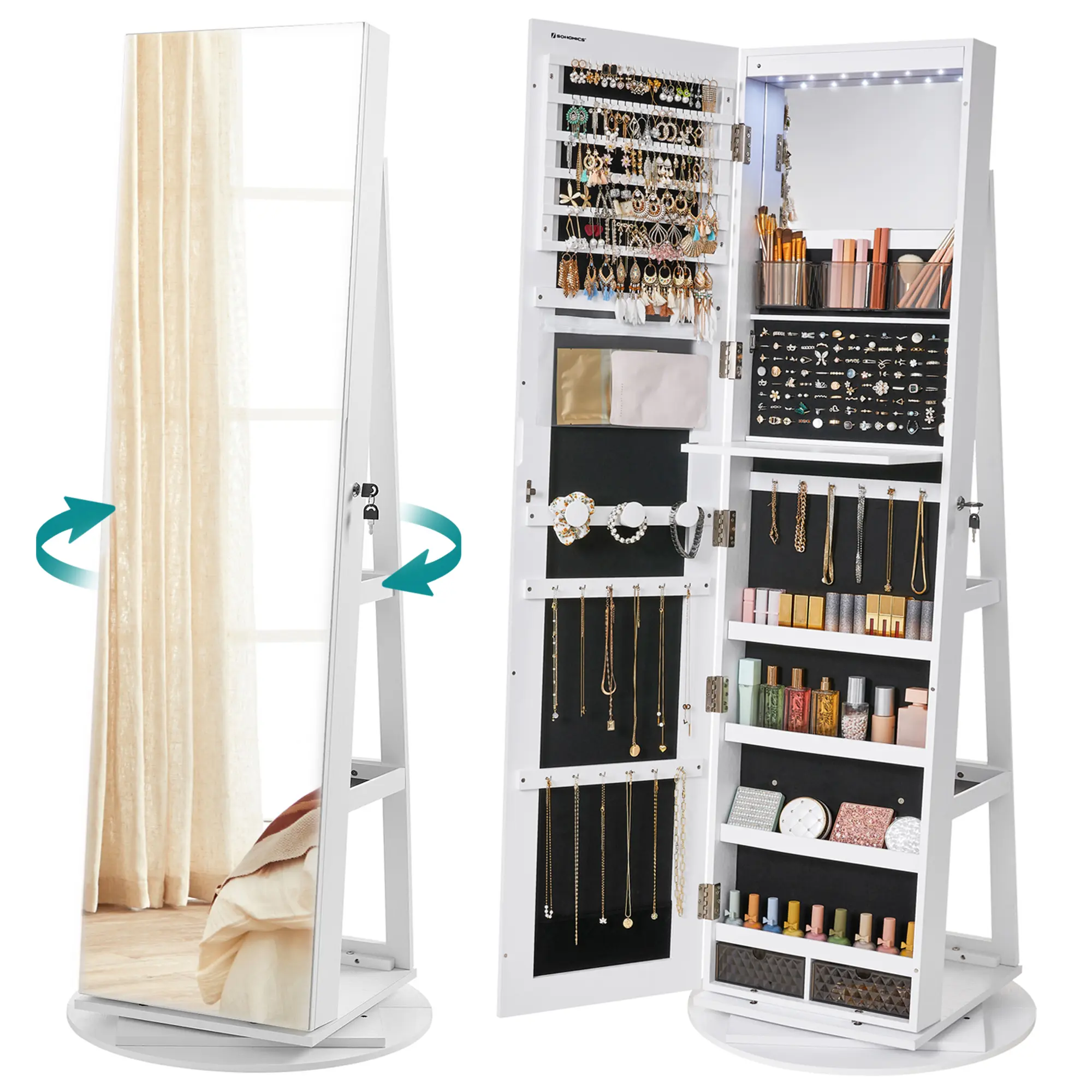 LED Lockable Jewelry Cabinet – Standing Armoire with Frameless Full-Length Mirror & 3 Storage Shelves