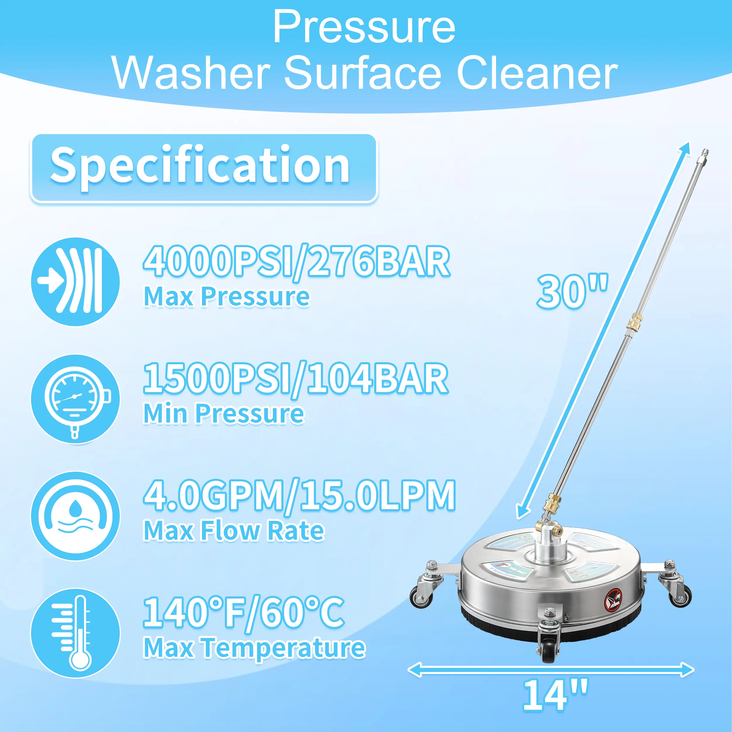 17” Heavy Duty Pressure Washer Surface Cleaner, Stainless Steel High Pressure Washer Accessory for Driveway Cleaning, with 4 Wheels, 2 Extension Wands, 4000 PSI, Pressure Washer Accessories