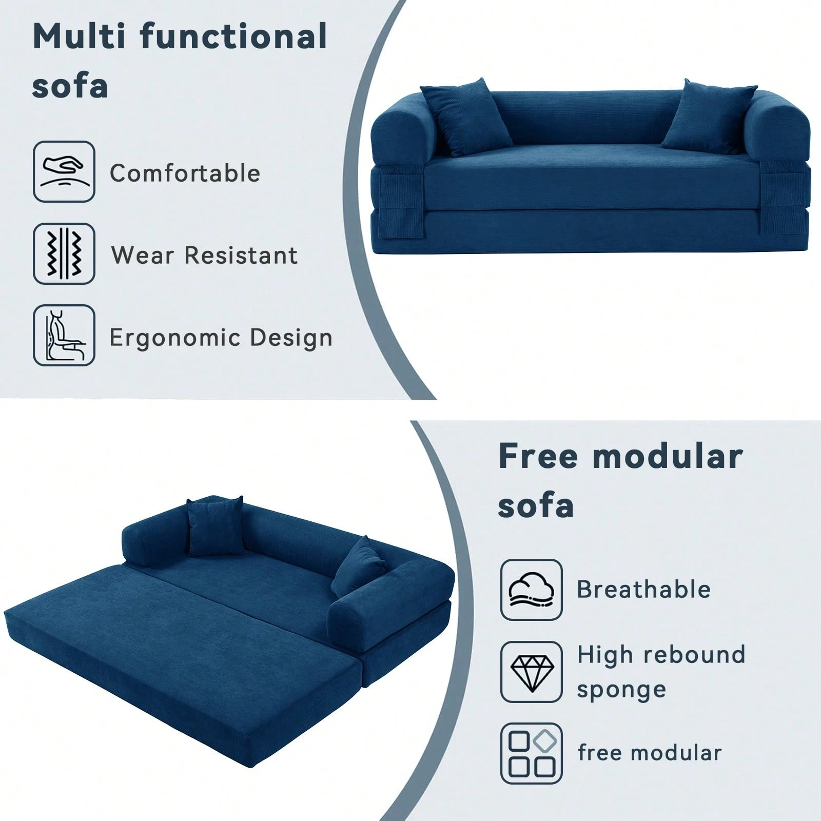 80" Convertible Sofa Bed, 3-in-1 Folding Pull Out Couch with Pillows