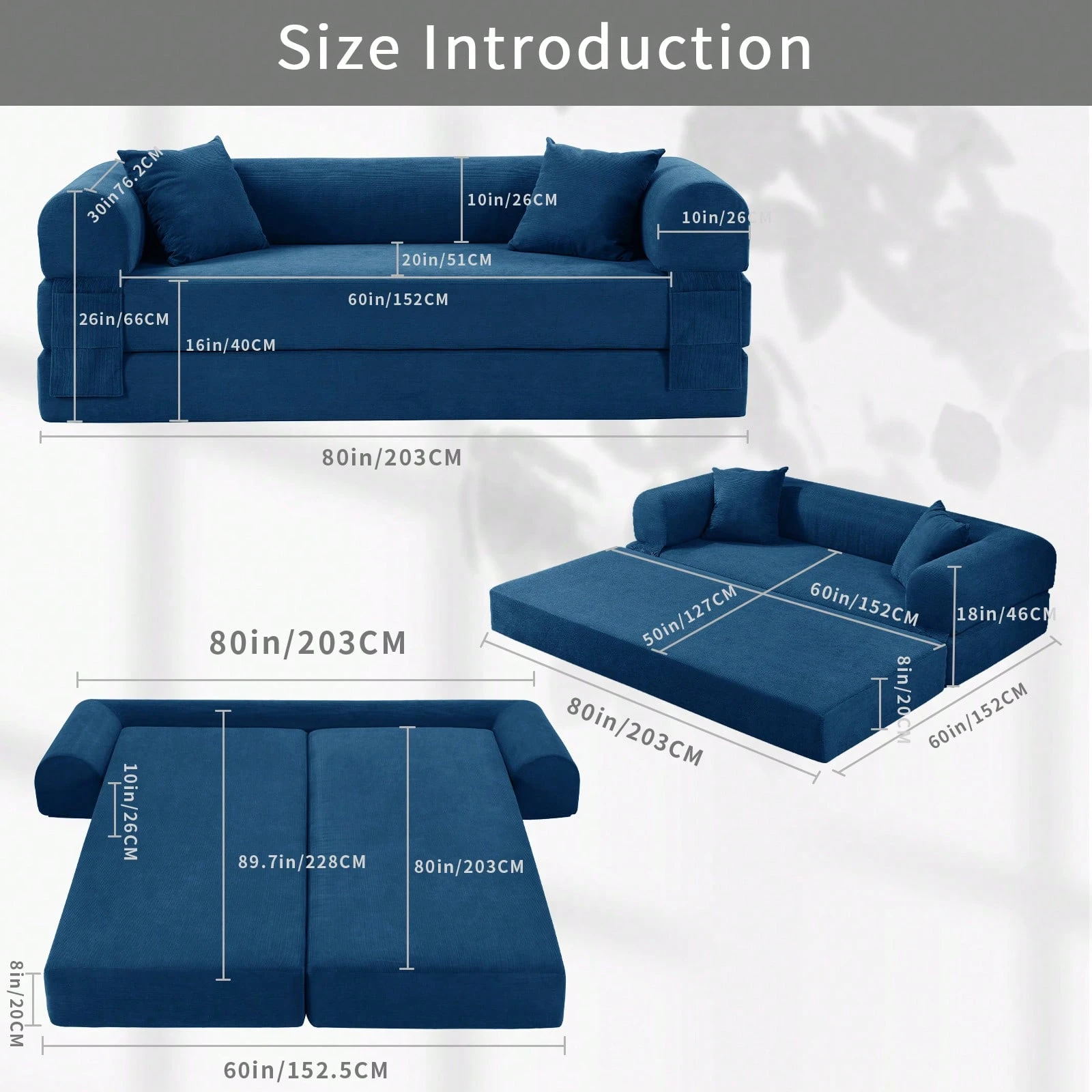 80" Convertible Sofa Bed, 3-in-1 Folding Pull Out Couch with Pillows