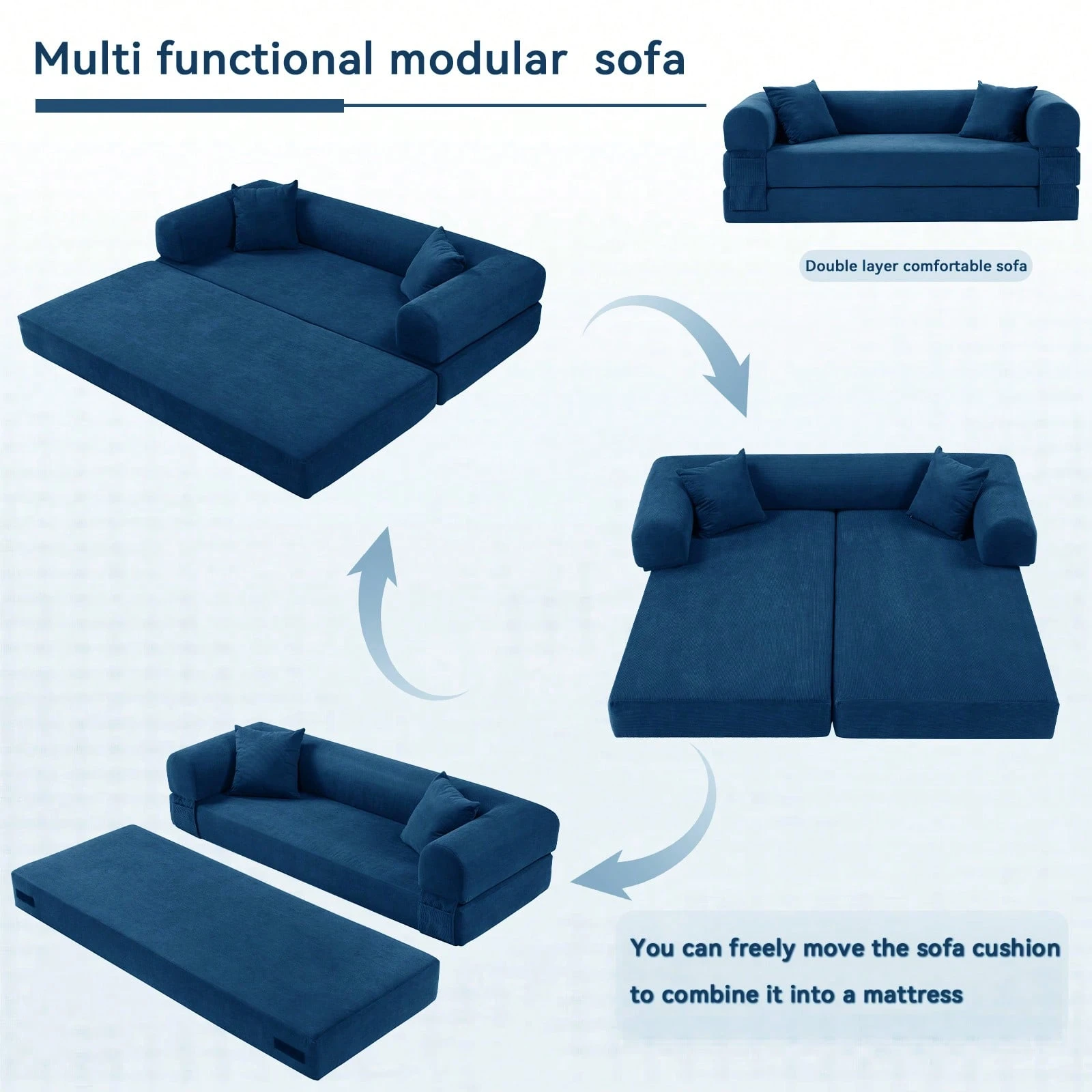 80" Convertible Sofa Bed, 3-in-1 Folding Pull Out Couch with Pillows